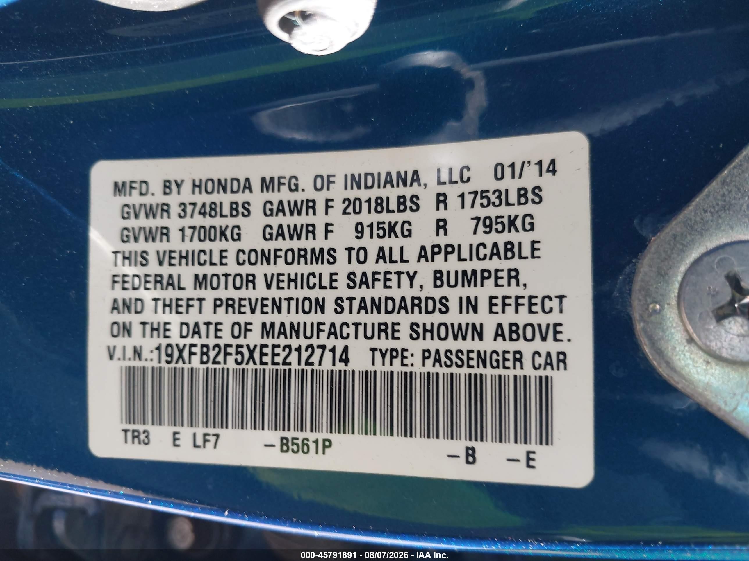 2014 Honda Civic Lx Blue vin: 19XFB2F5XEE212714