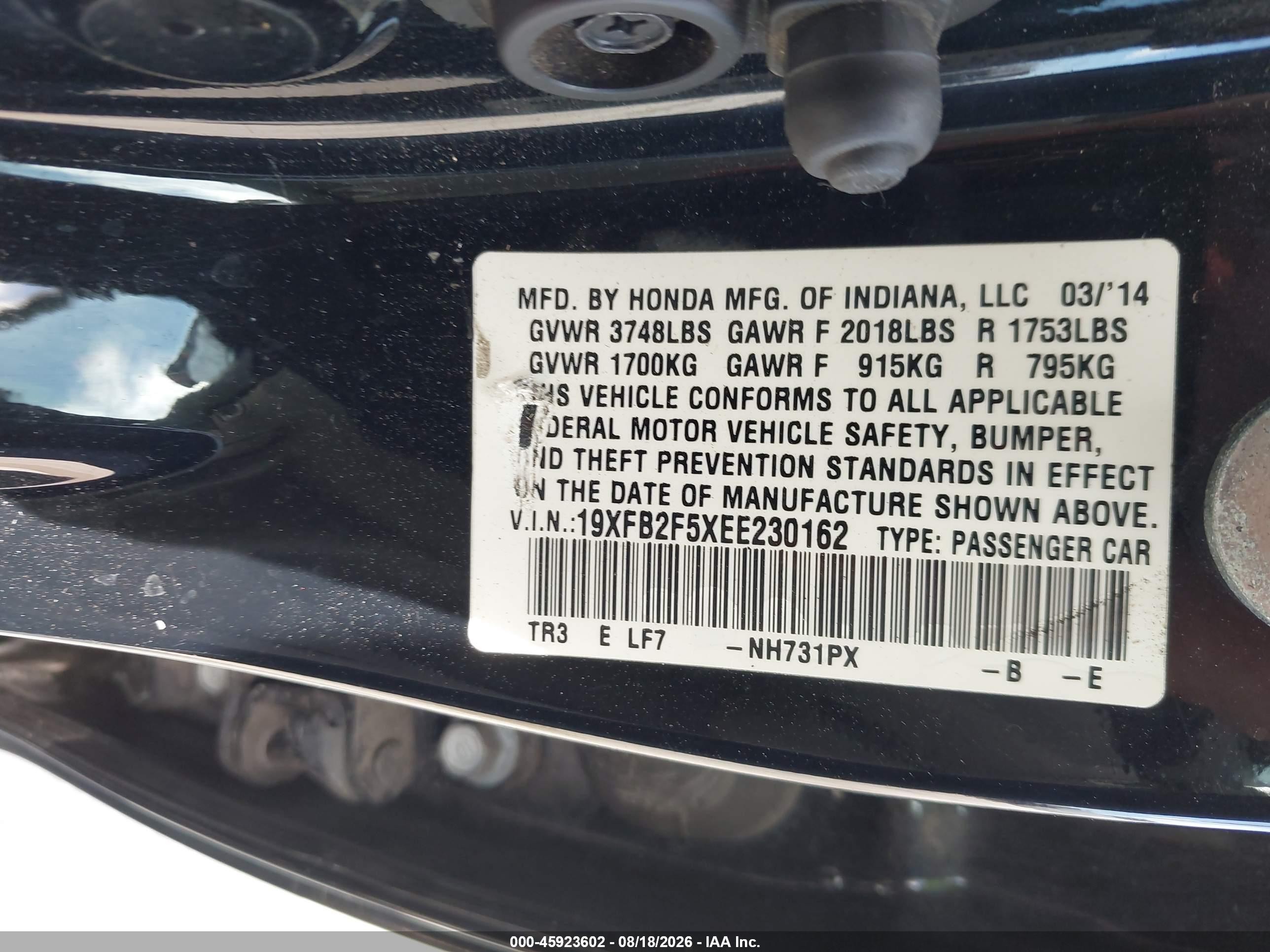 2014 Honda Civic Lx Black vin: 19XFB2F5XEE230162