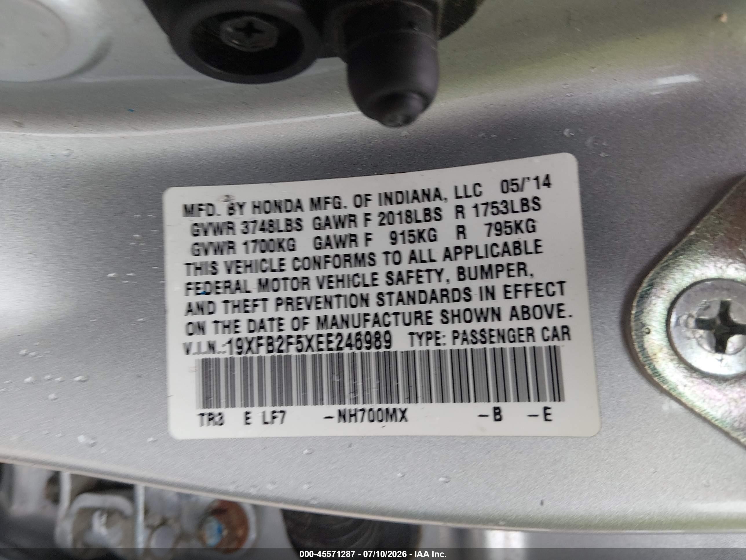 2014 Honda Civic Lx Silver vin: 19XFB2F5XEE246989