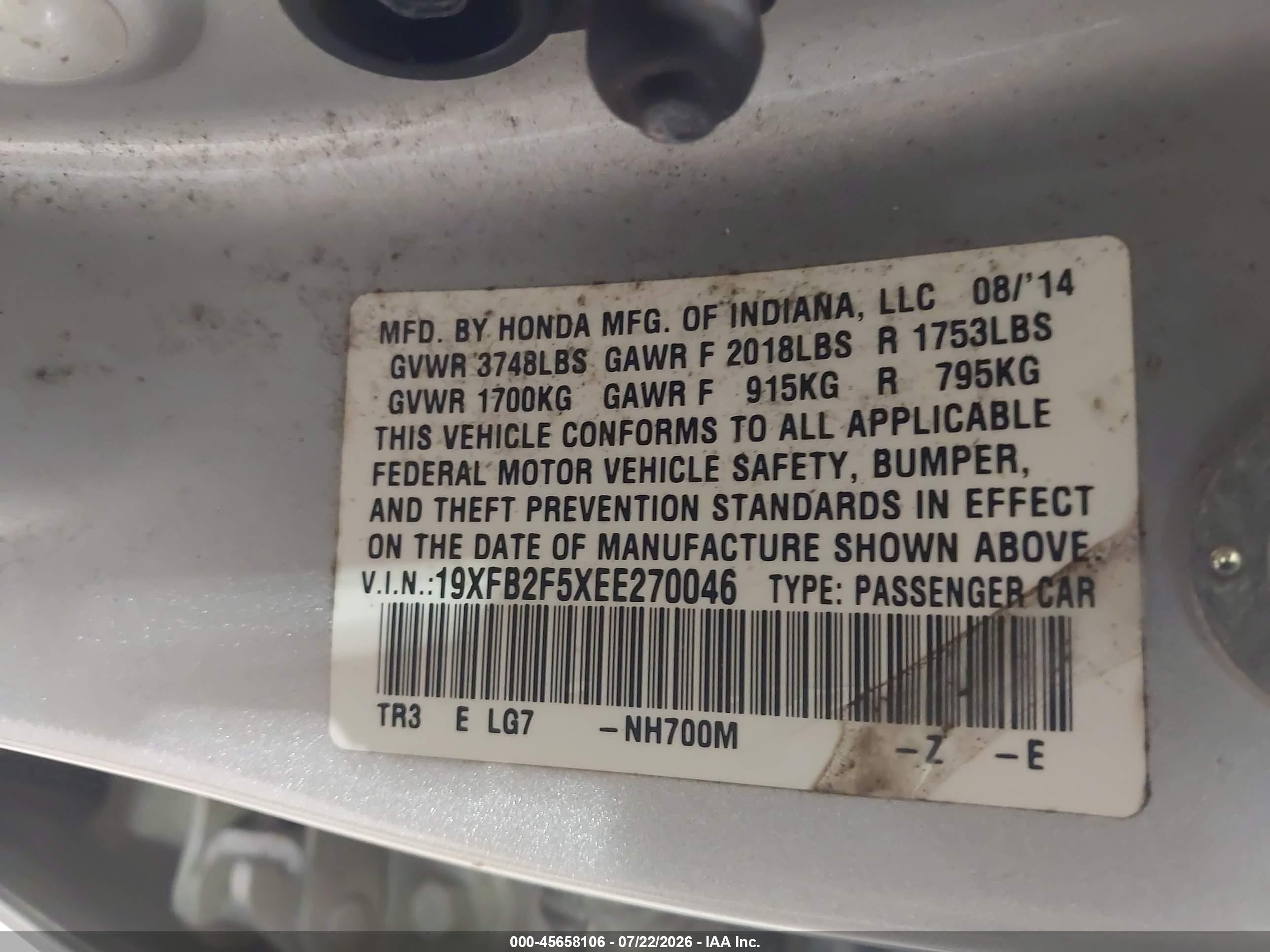 2014 Honda Civic Lx Silver vin: 19XFB2F5XEE270046