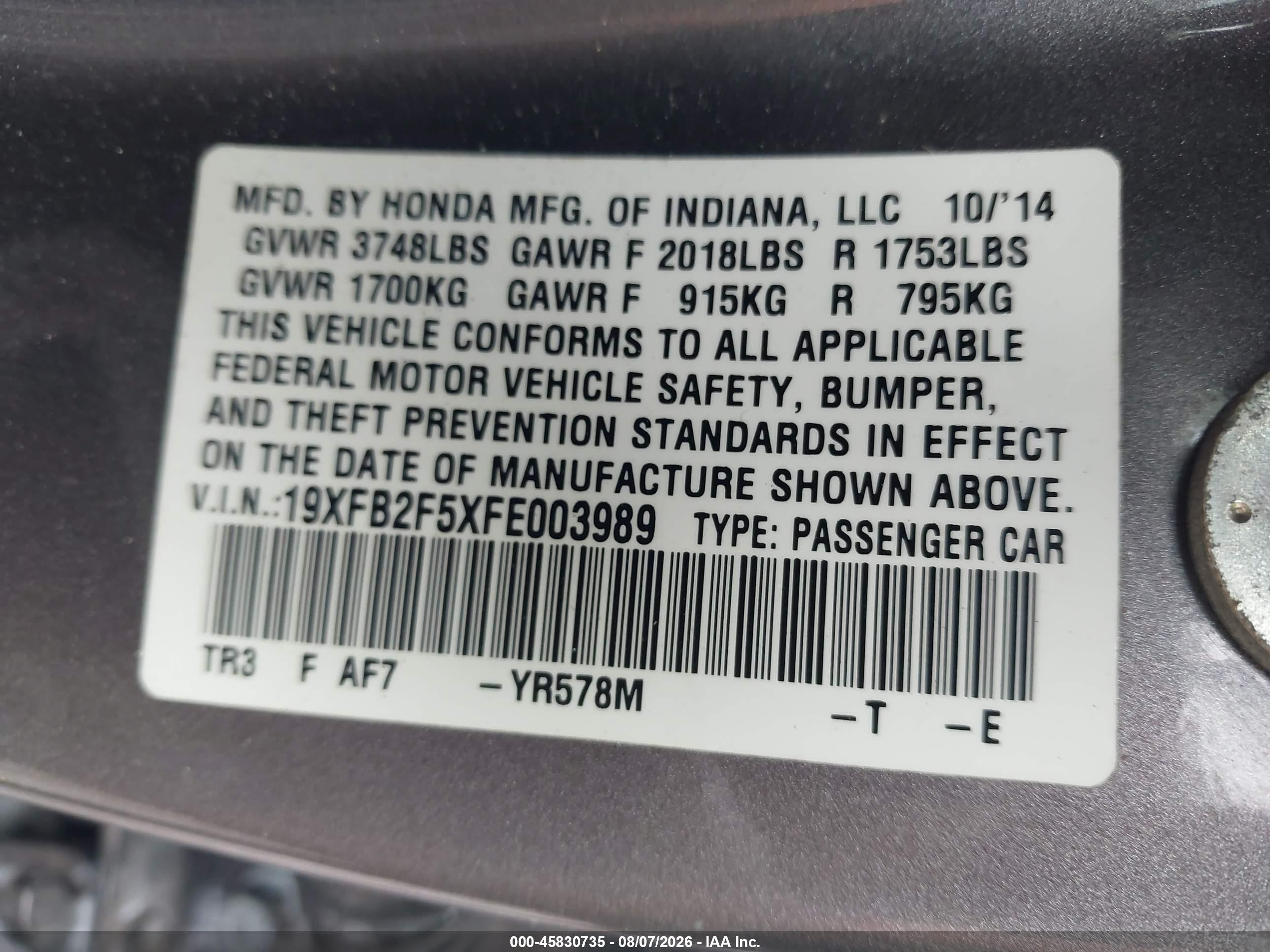 2015 Honda Civic Lx Brown vin: 19XFB2F5XFE003989