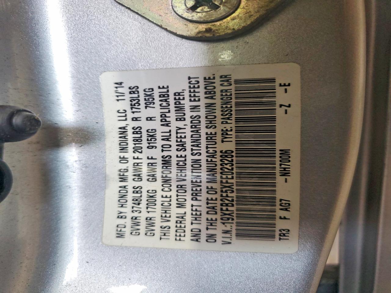 2015 Honda Civic Lx Silver vin: 19XFB2F5XFE023286