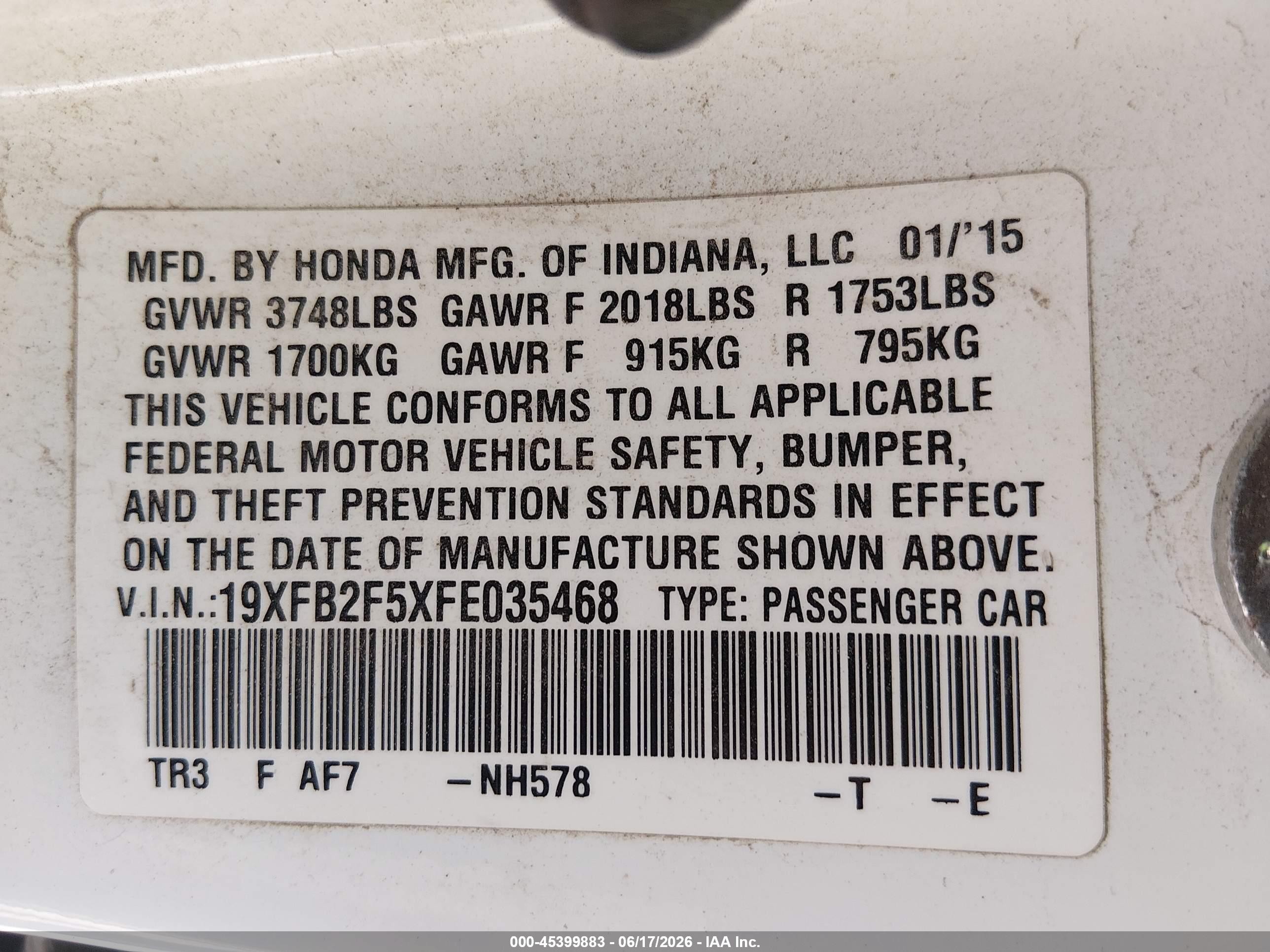 2015 Honda Civic Lx White vin: 19XFB2F5XFE035468