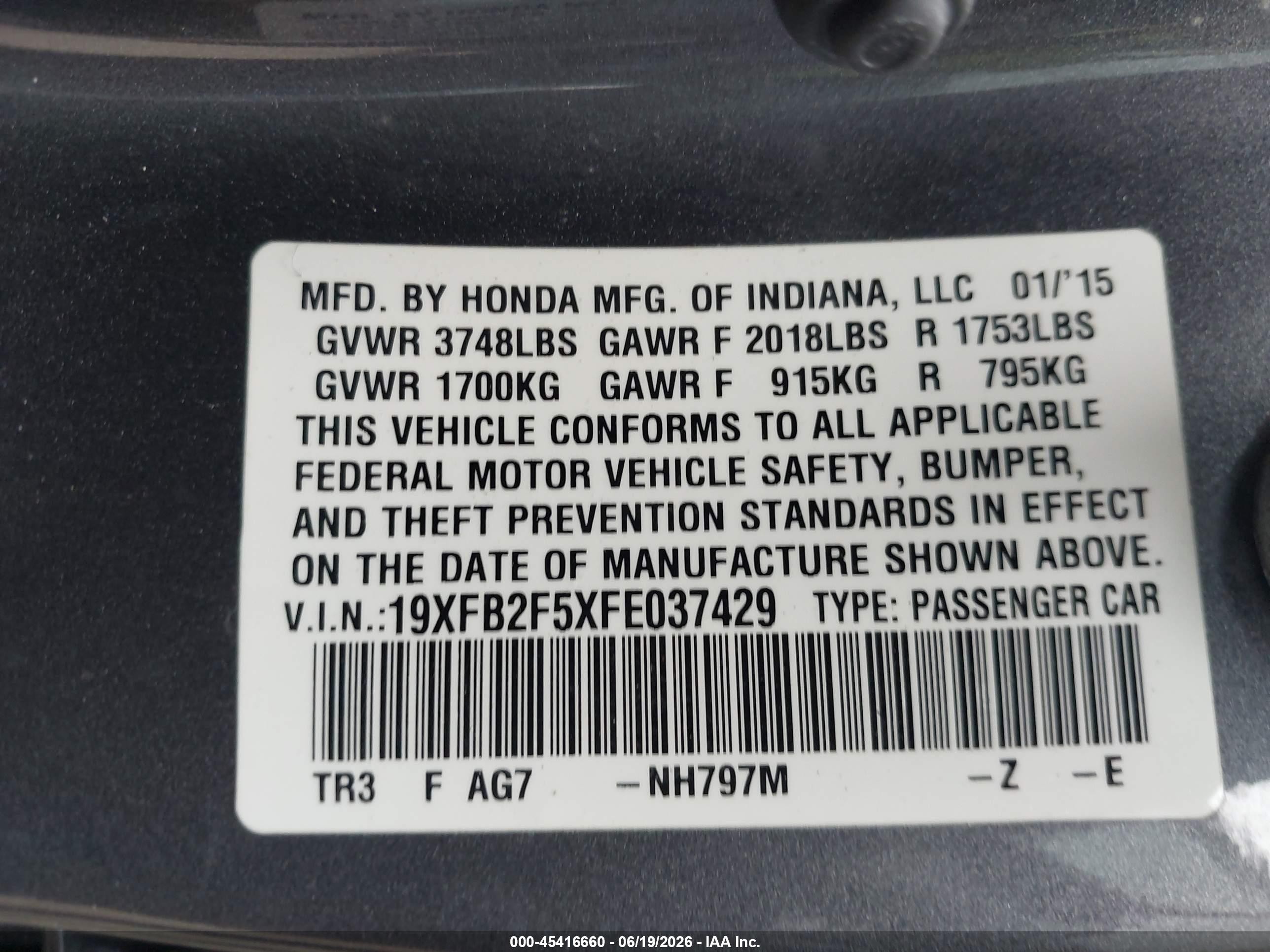 2015 Honda Civic Lx Gray vin: 19XFB2F5XFE037429