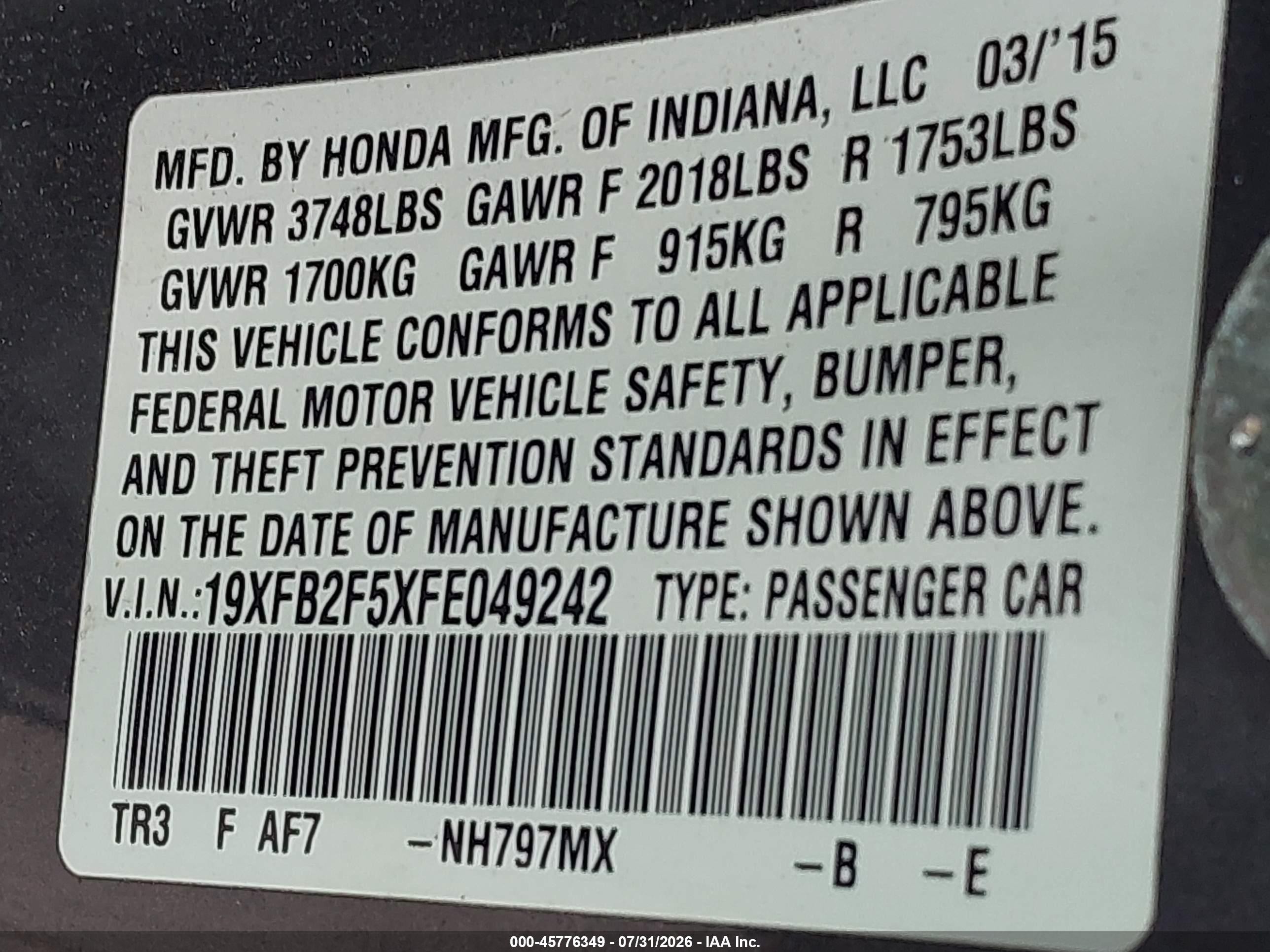 2015 Honda Civic Lx Gray vin: 19XFB2F5XFE049242