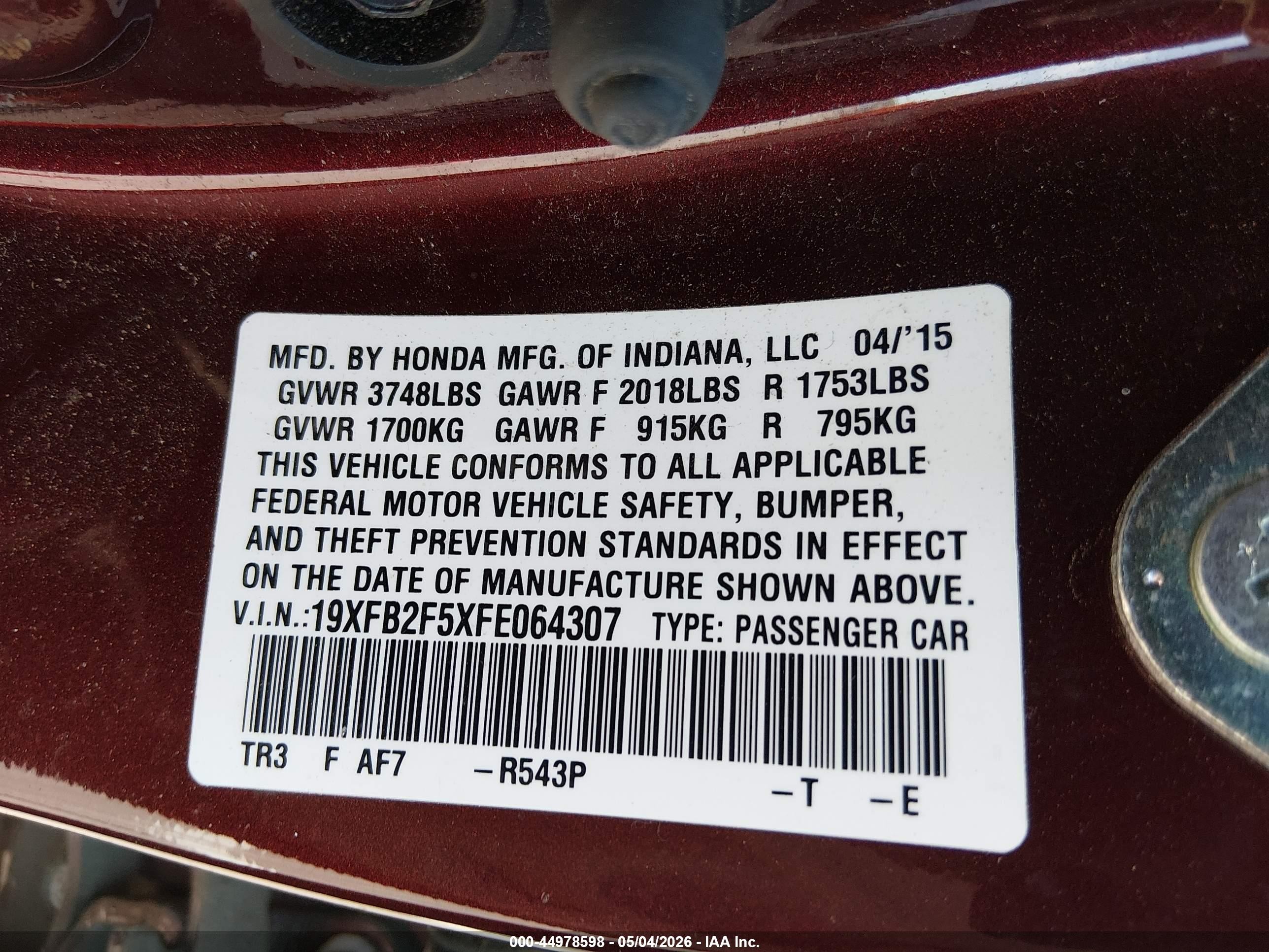 2015 Honda Civic Lx Purple vin: 19XFB2F5XFE064307