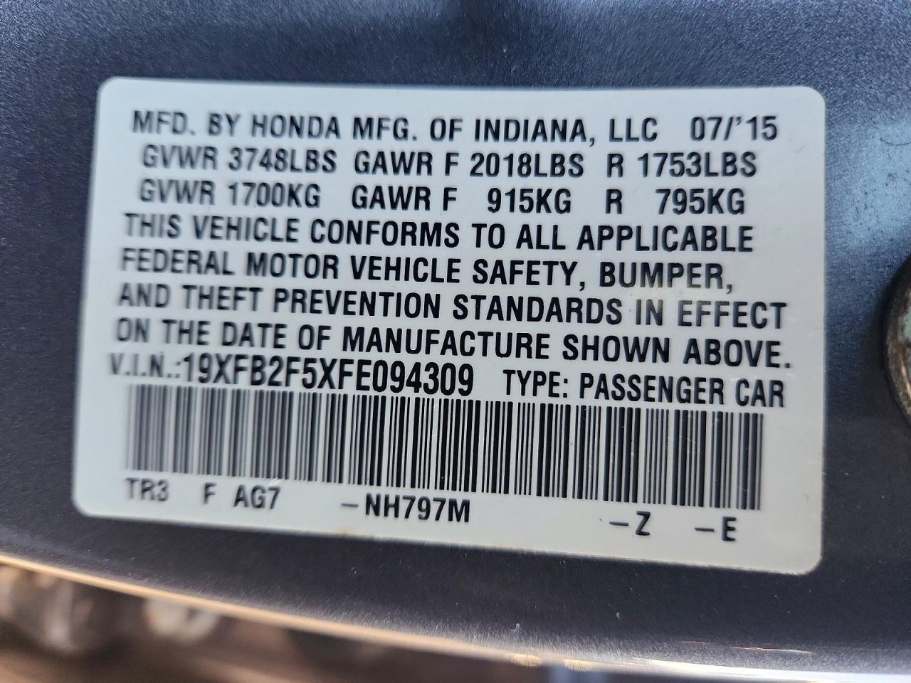 2015 Honda Civic Lx Gray vin: 19XFB2F5XFE094309