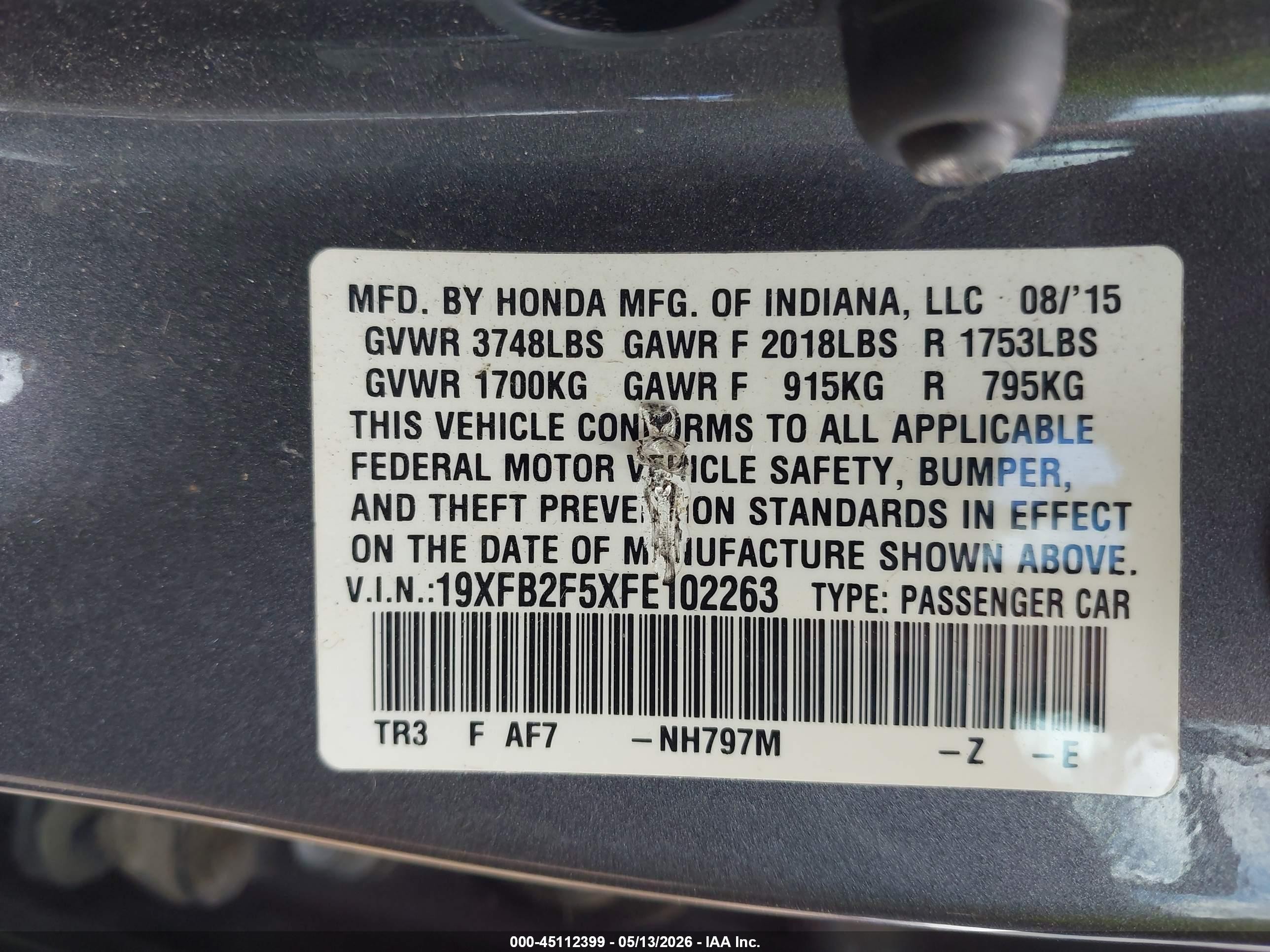 2015 Honda Civic Lx Gray vin: 19XFB2F5XFE102263
