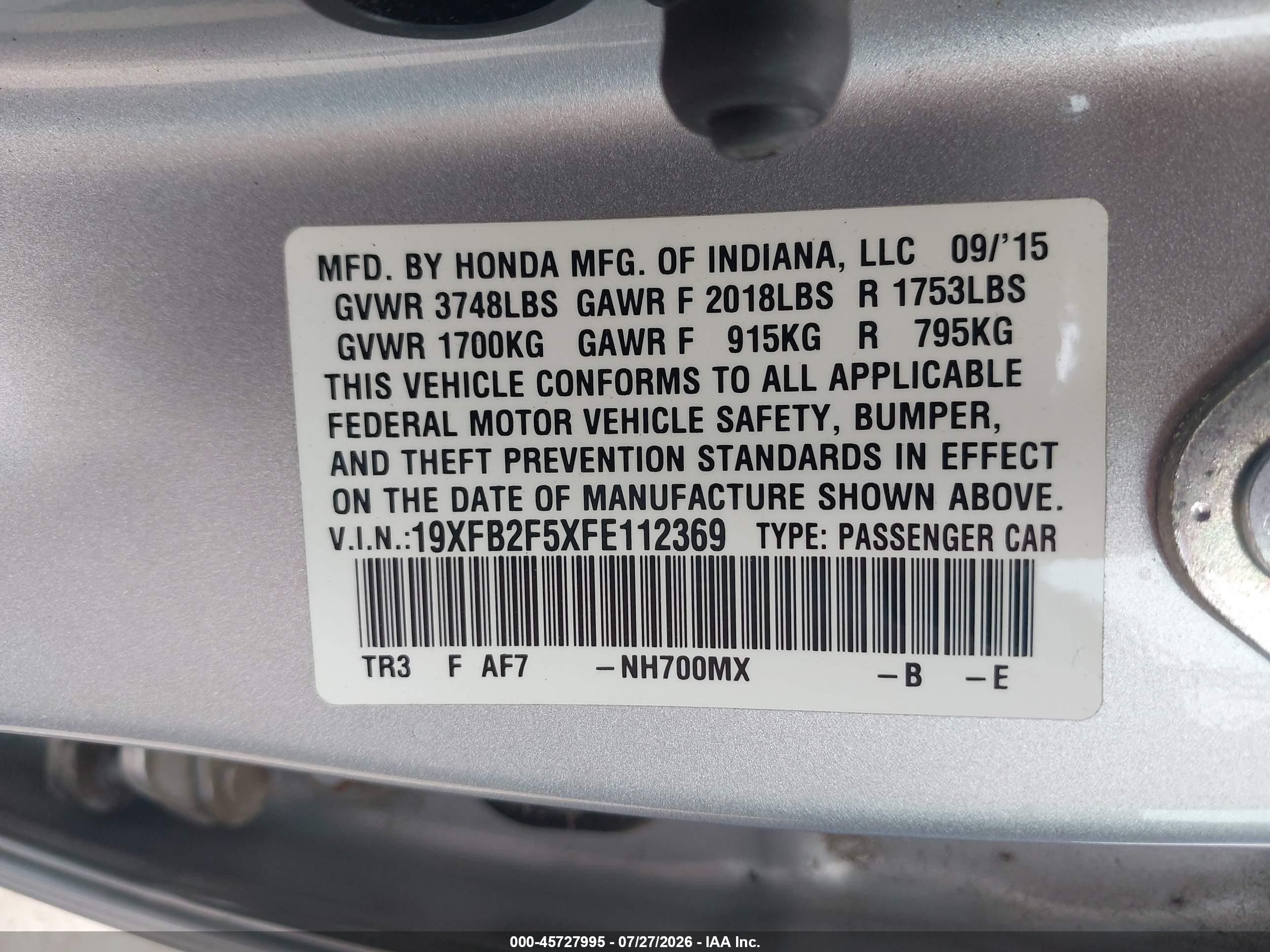 2015 Honda Civic Lx Silver vin: 19XFB2F5XFE112369