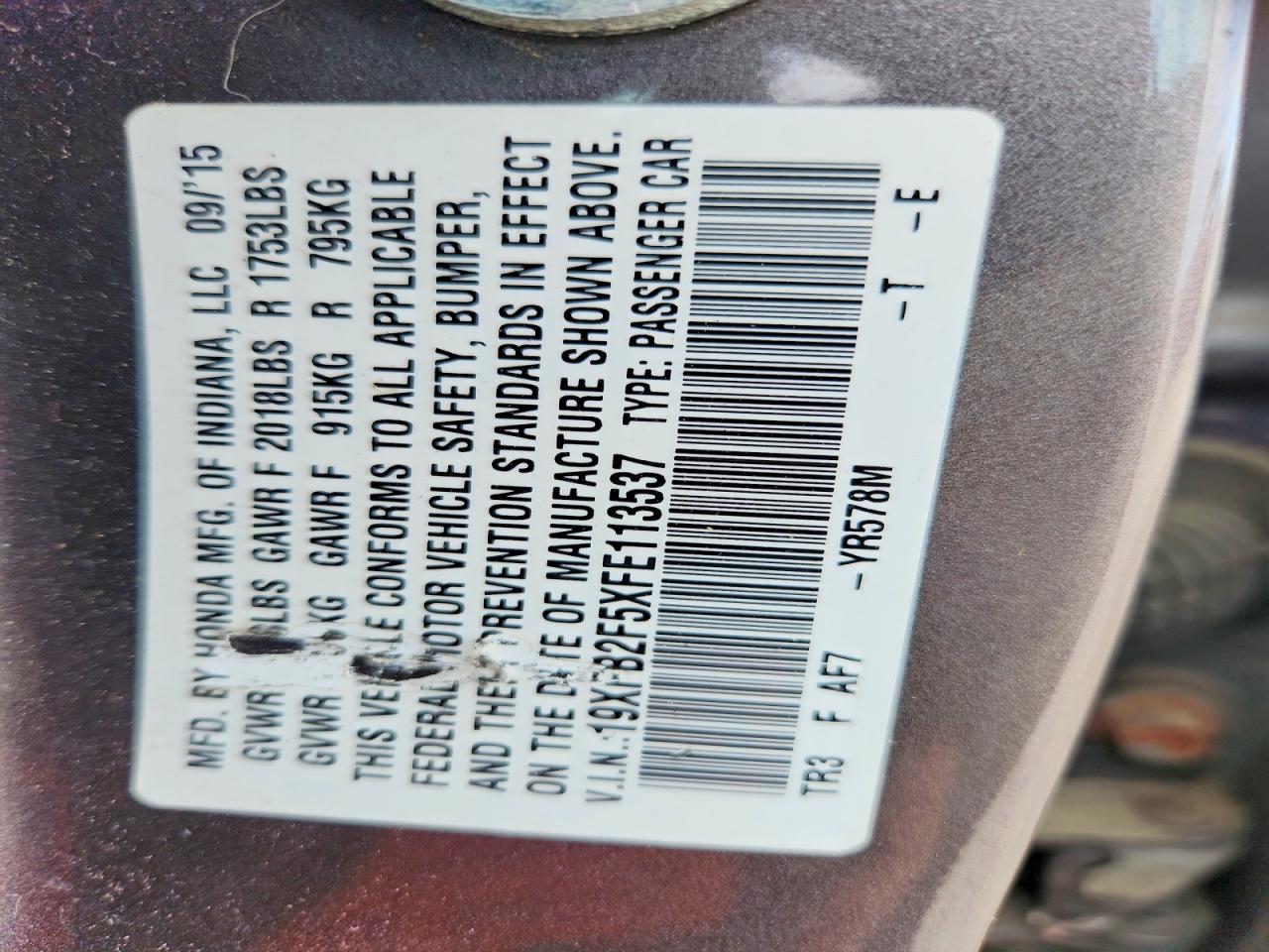 2015 Honda Civic Lx Серый vin: 19XFB2F5XFE113537