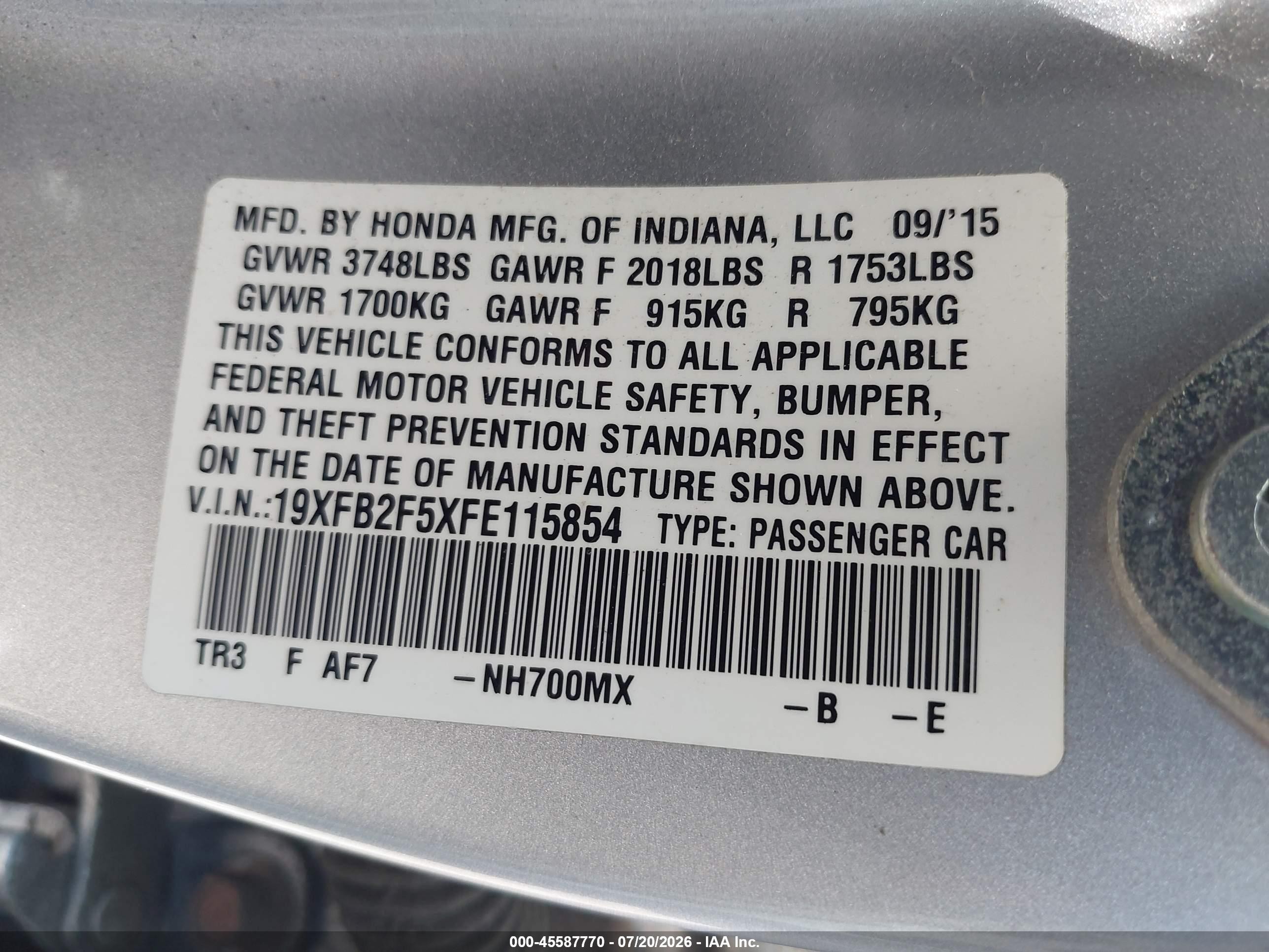 2015 Honda Civic Lx Silver vin: 19XFB2F5XFE115854