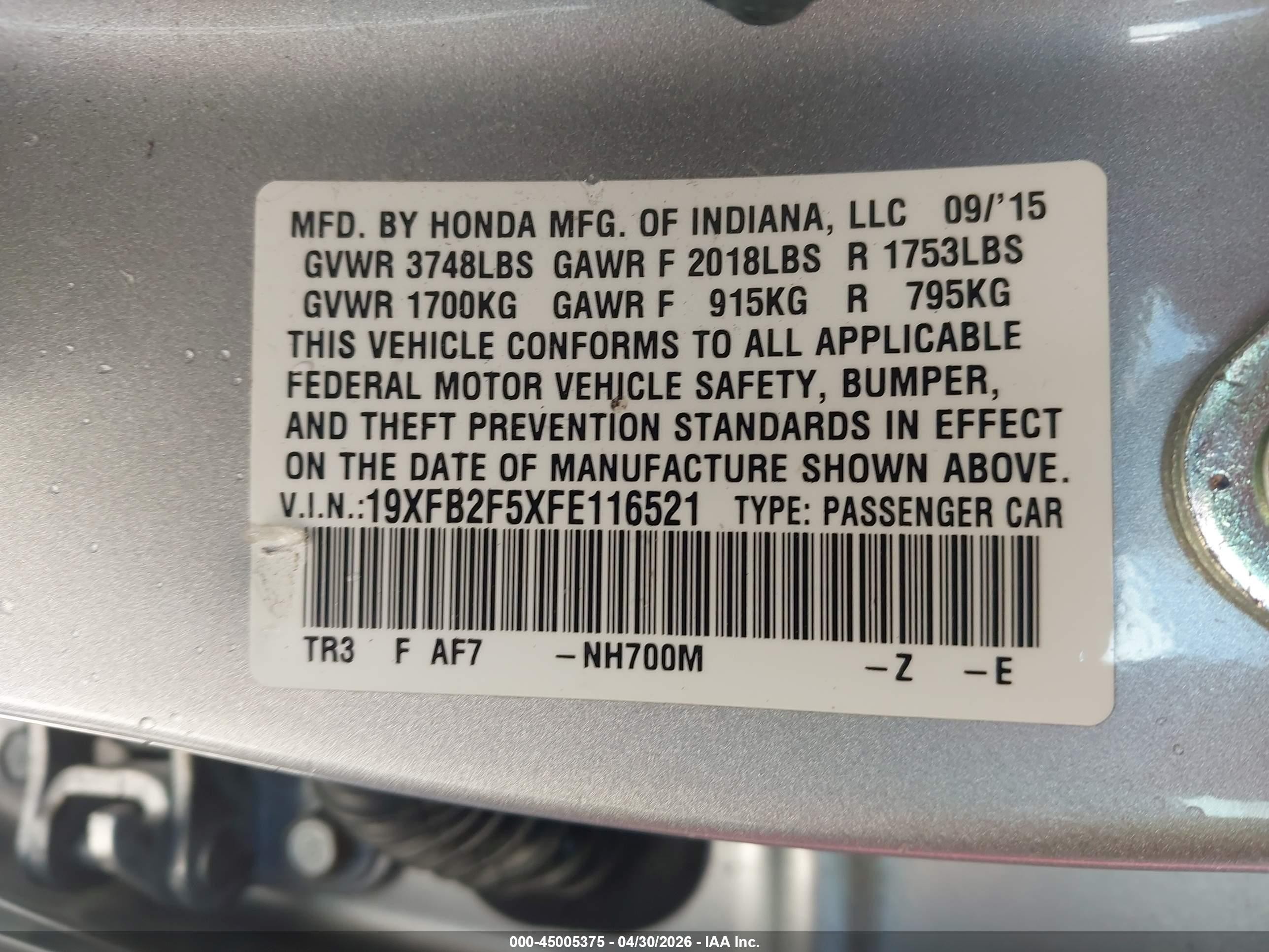 2015 Honda Civic Lx Silver vin: 19XFB2F5XFE116521