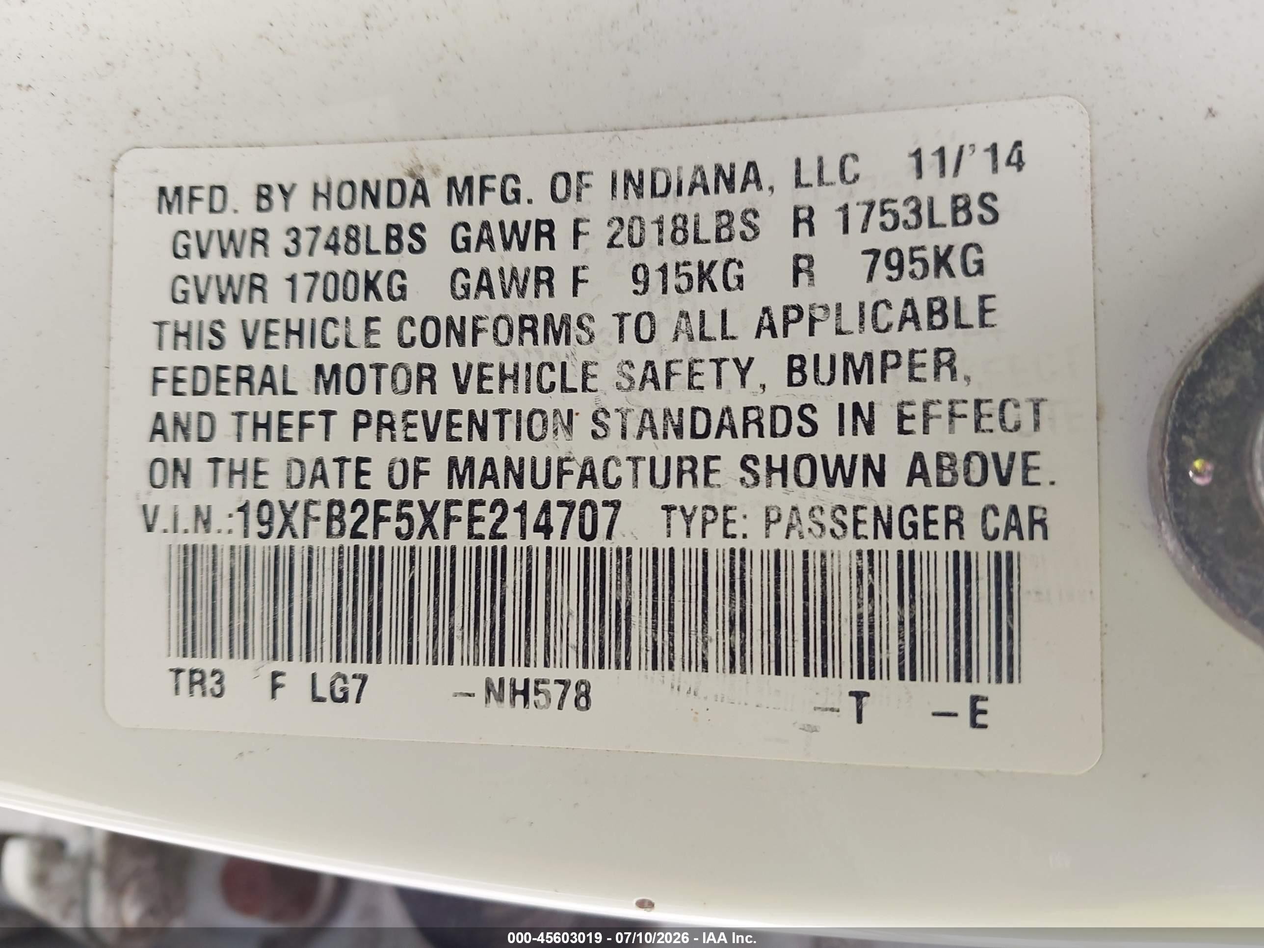 2015 Honda Civic Lx White vin: 19XFB2F5XFE214707