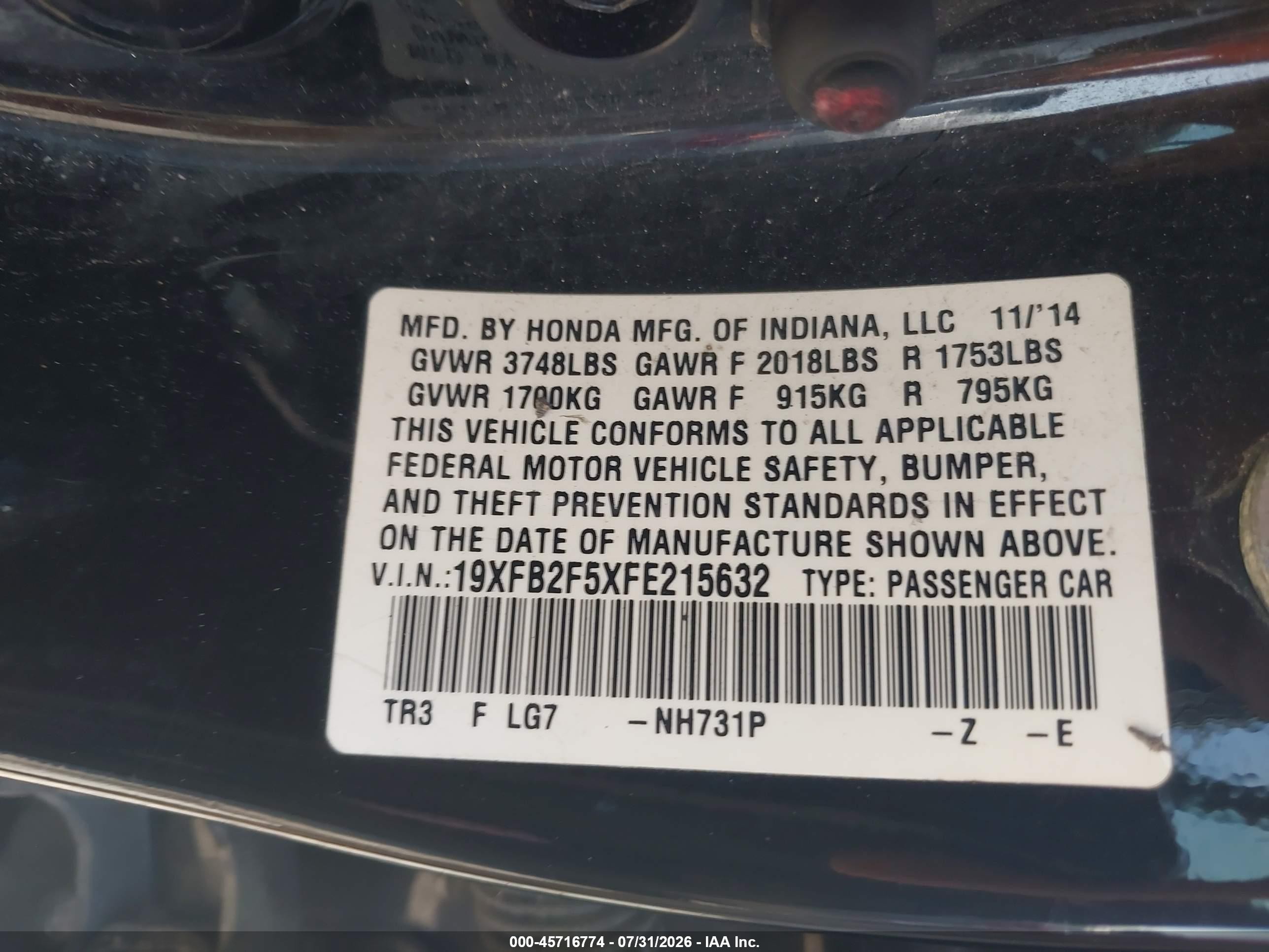 2015 Honda Civic Lx Black vin: 19XFB2F5XFE215632