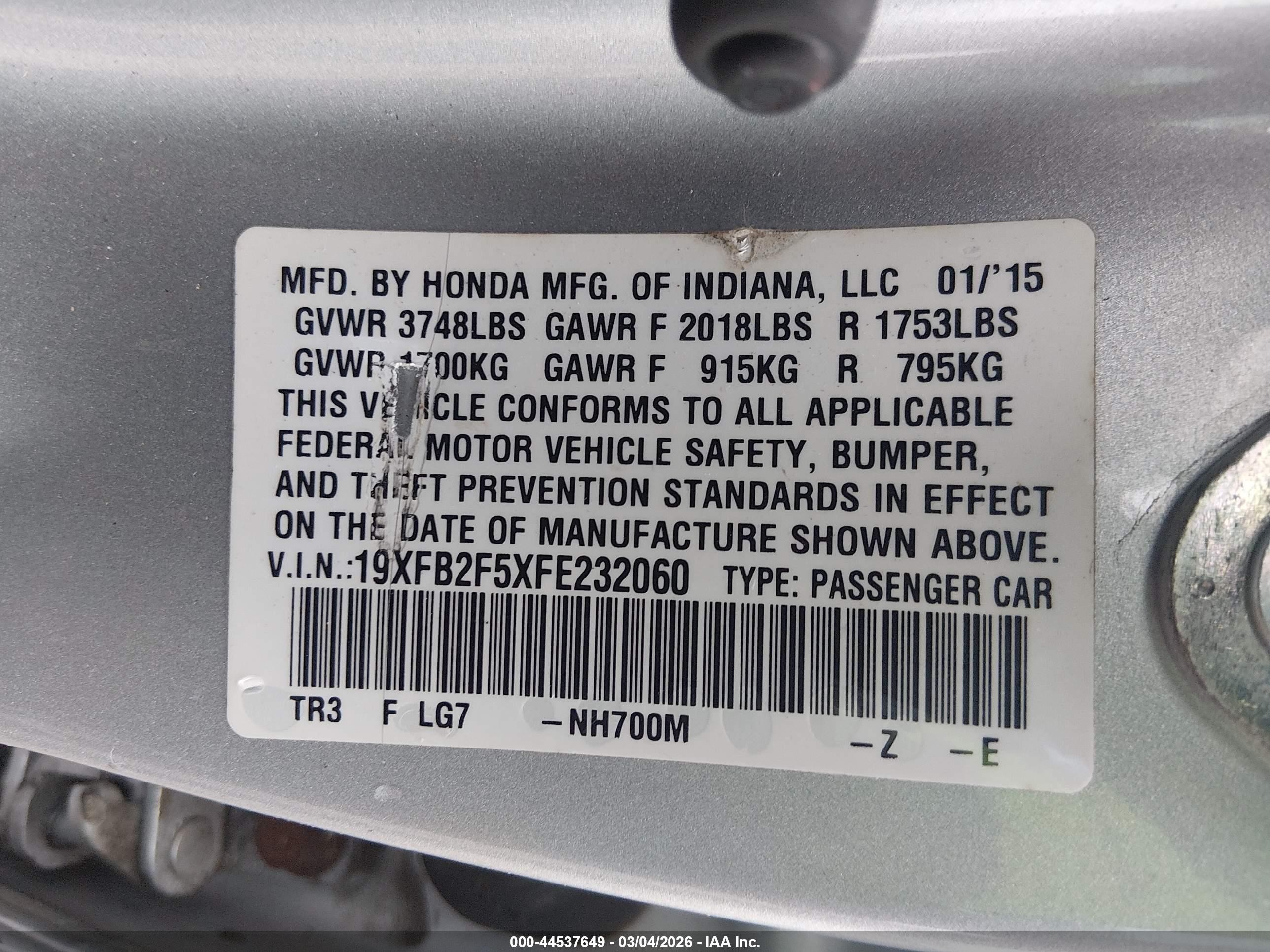 2015 Honda Civic Lx Silver vin: 19XFB2F5XFE232060
