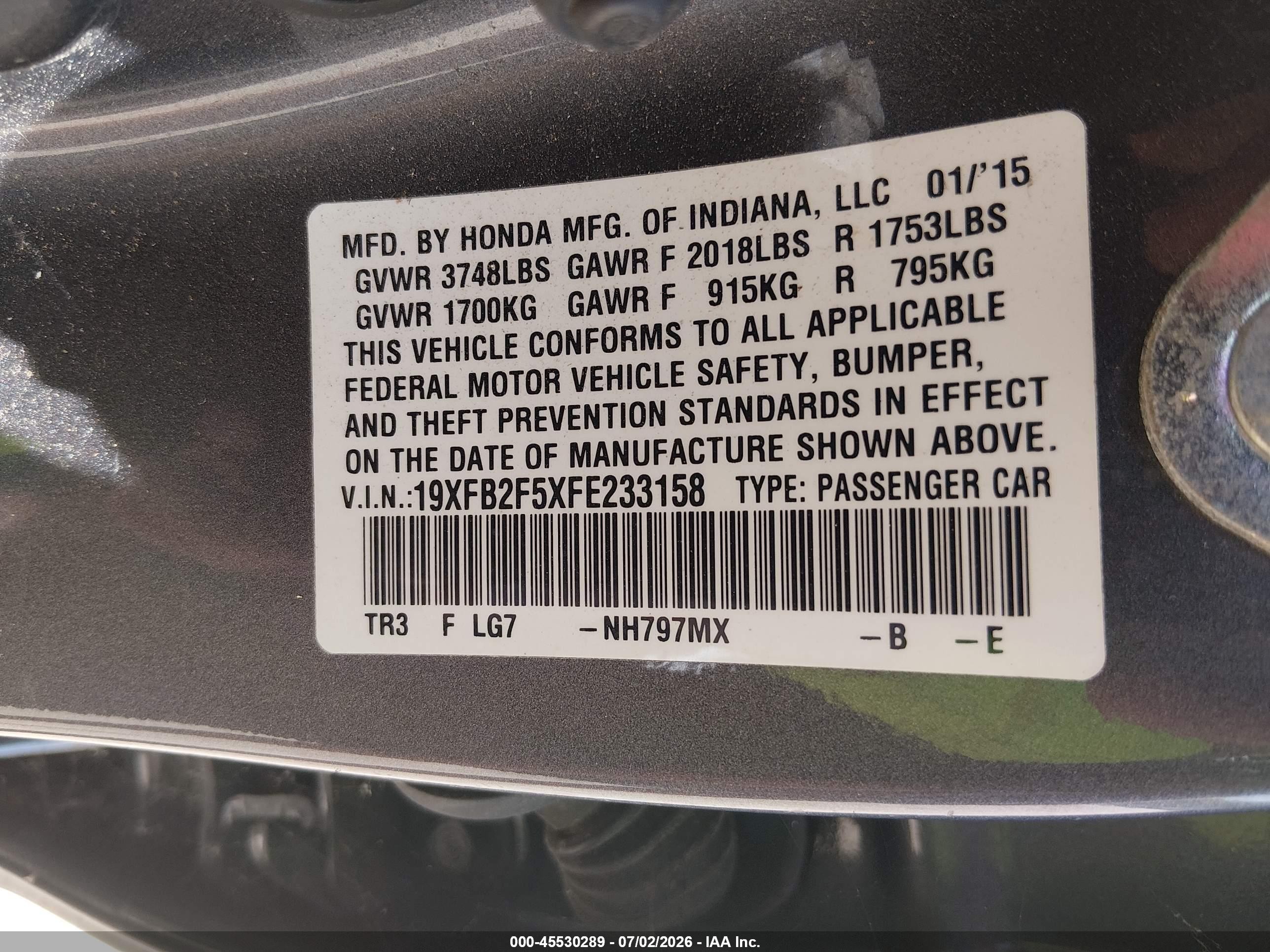 2015 Honda Civic Lx Pewter vin: 19XFB2F5XFE233158