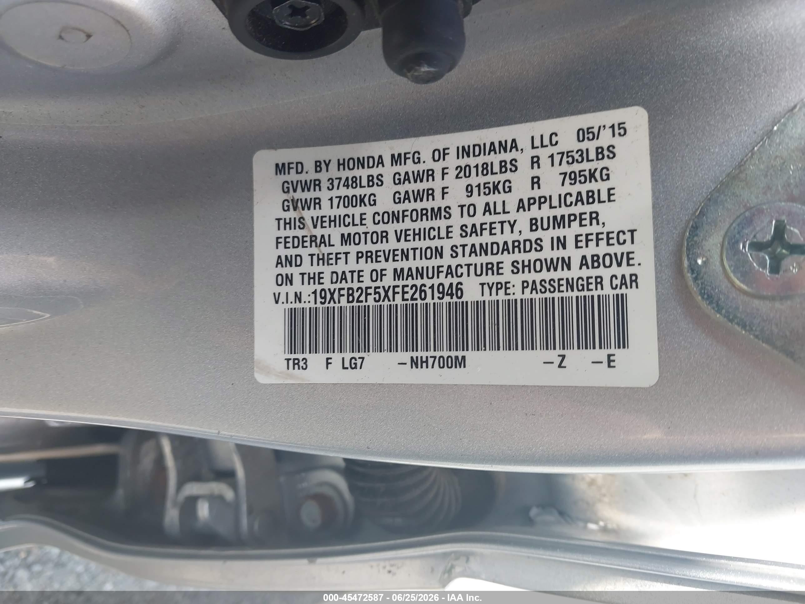 2015 Honda Civic Lx Silver vin: 19XFB2F5XFE261946