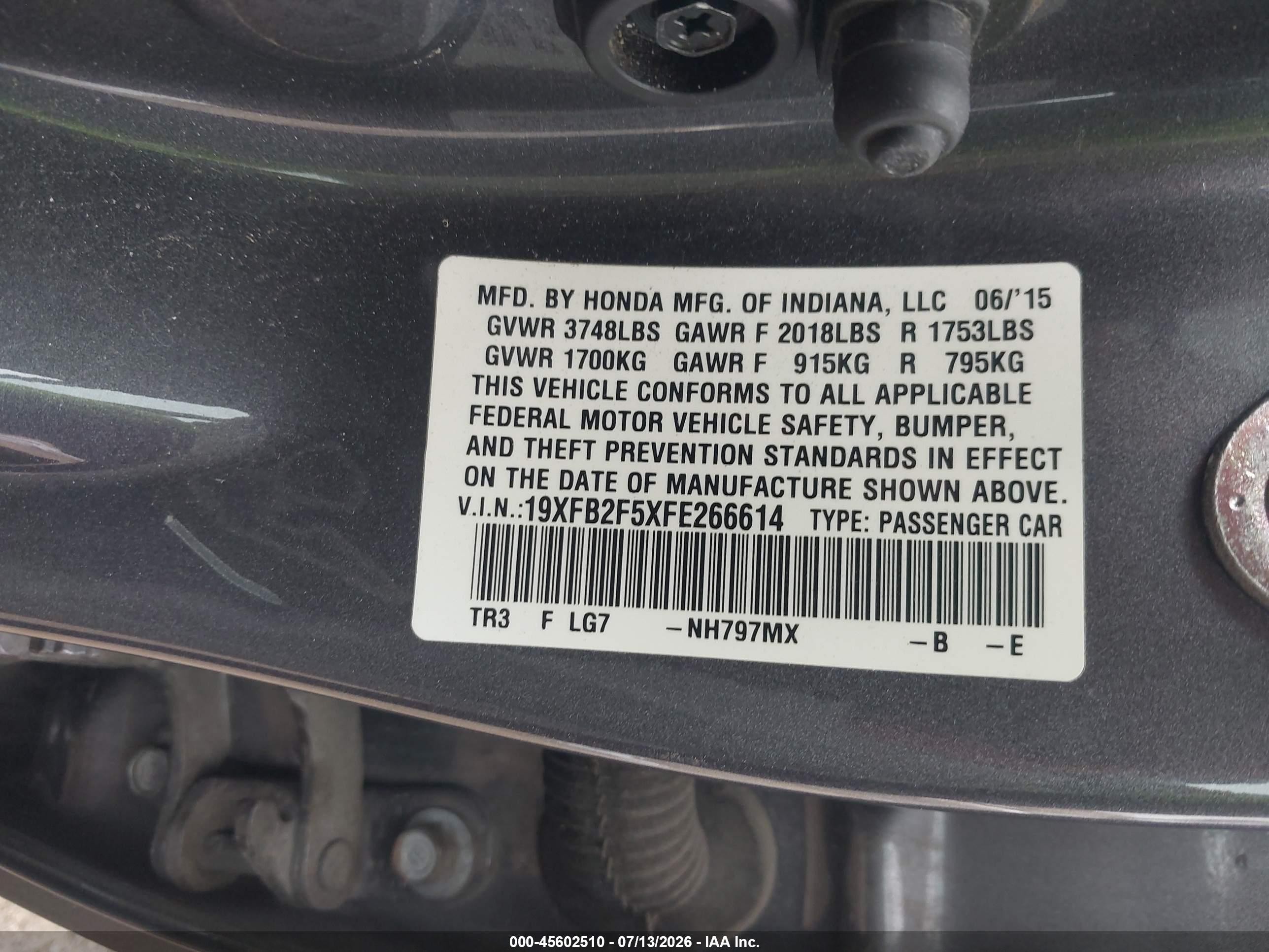2015 Honda Civic Lx Gray vin: 19XFB2F5XFE266614