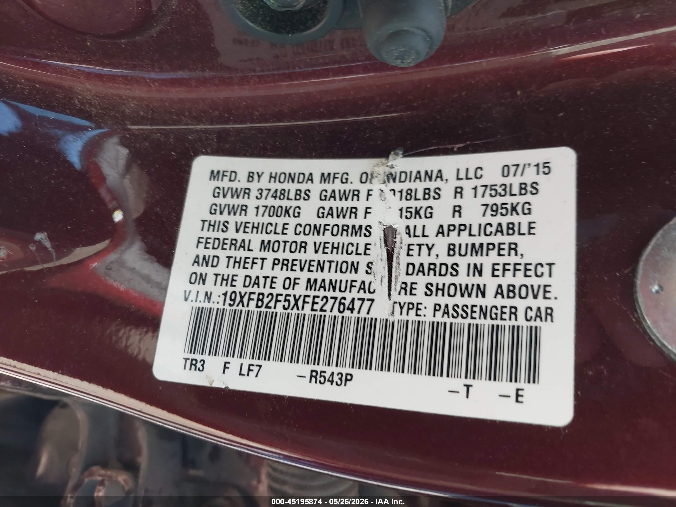 2015 Honda Civic Lx Red vin: 19XFB2F5XFE276477