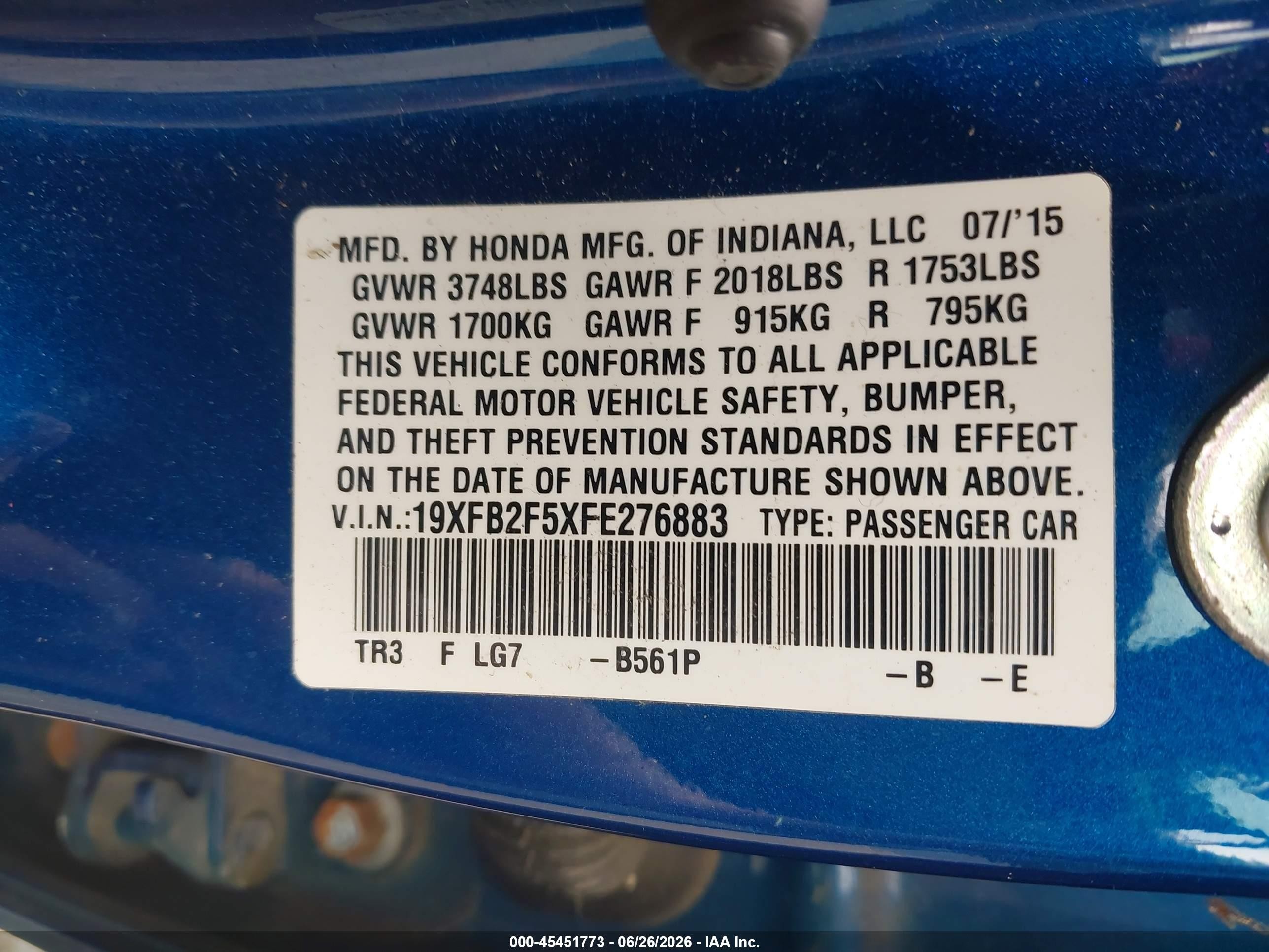 2015 Honda Civic Lx Blue vin: 19XFB2F5XFE276883