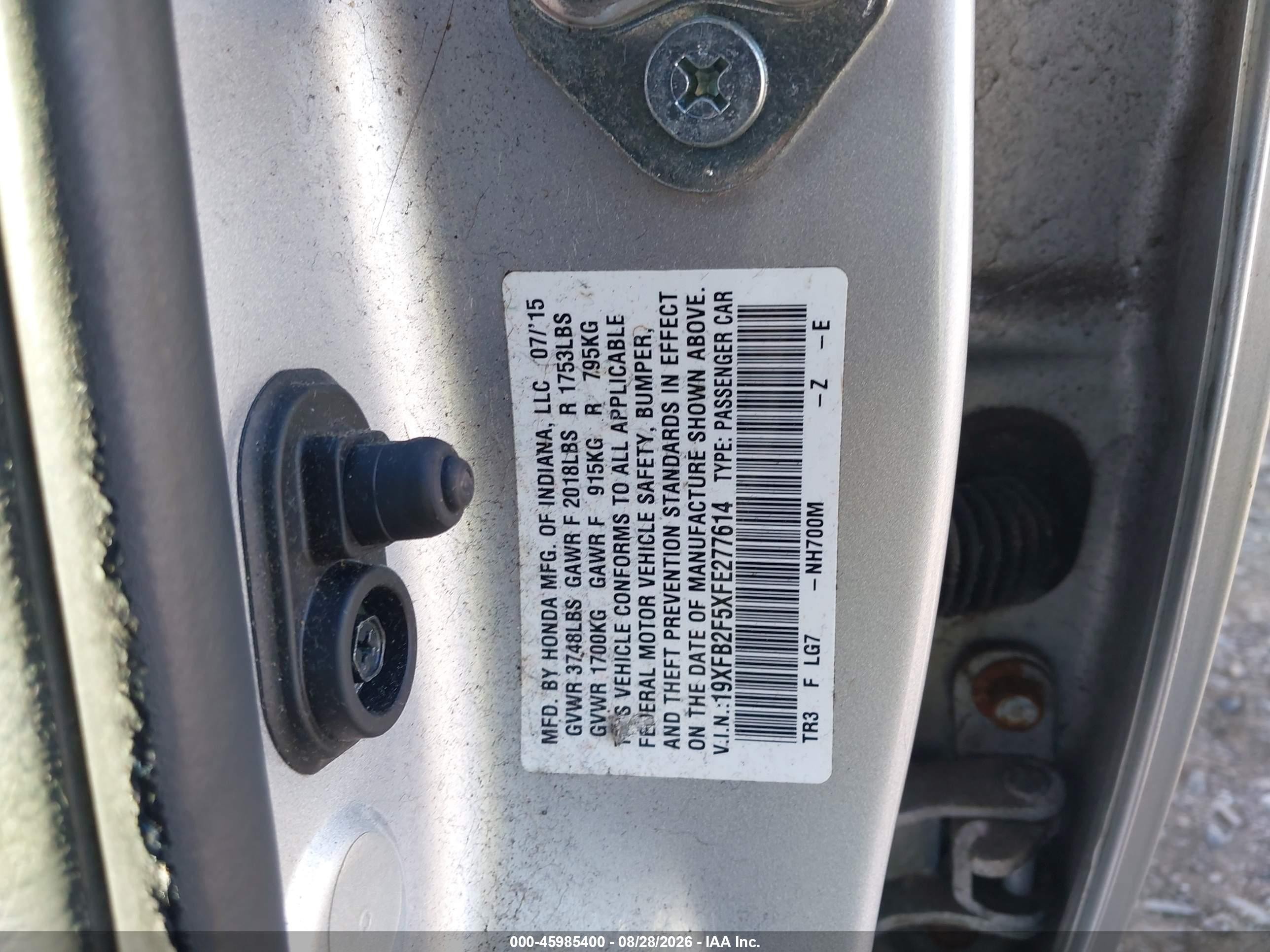 2015 Honda Civic Lx Silver vin: 19XFB2F5XFE277614