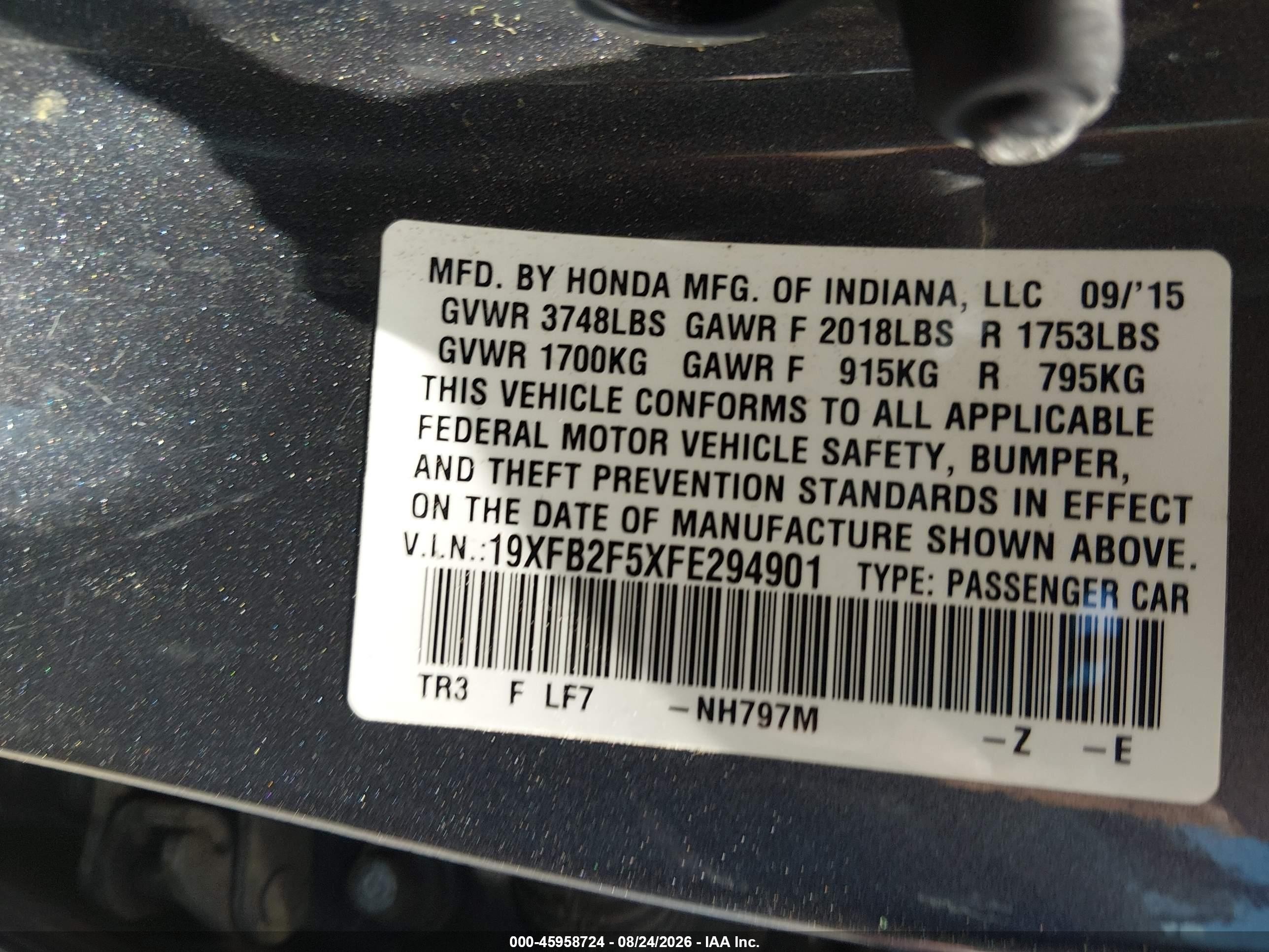 2015 Honda Civic Lx Gray vin: 19XFB2F5XFE294901