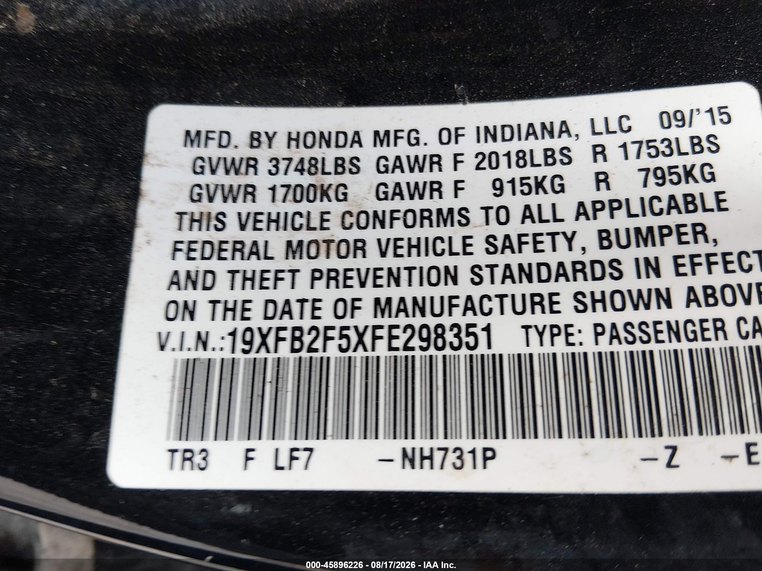 2015 Honda Civic Lx Black vin: 19XFB2F5XFE298351