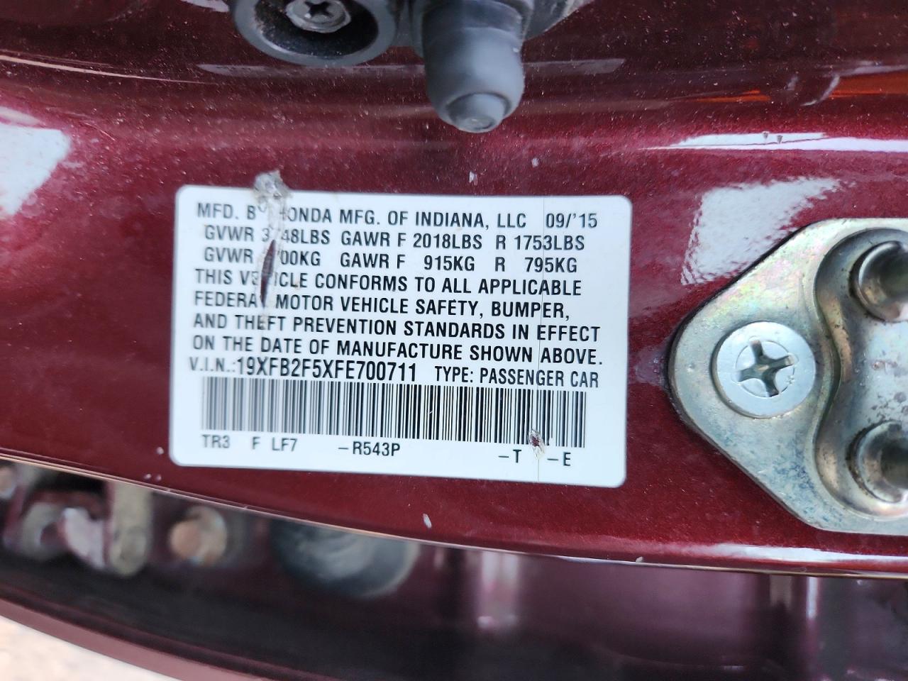 2015 Honda Civic Lx Burgundy vin: 19XFB2F5XFE700711