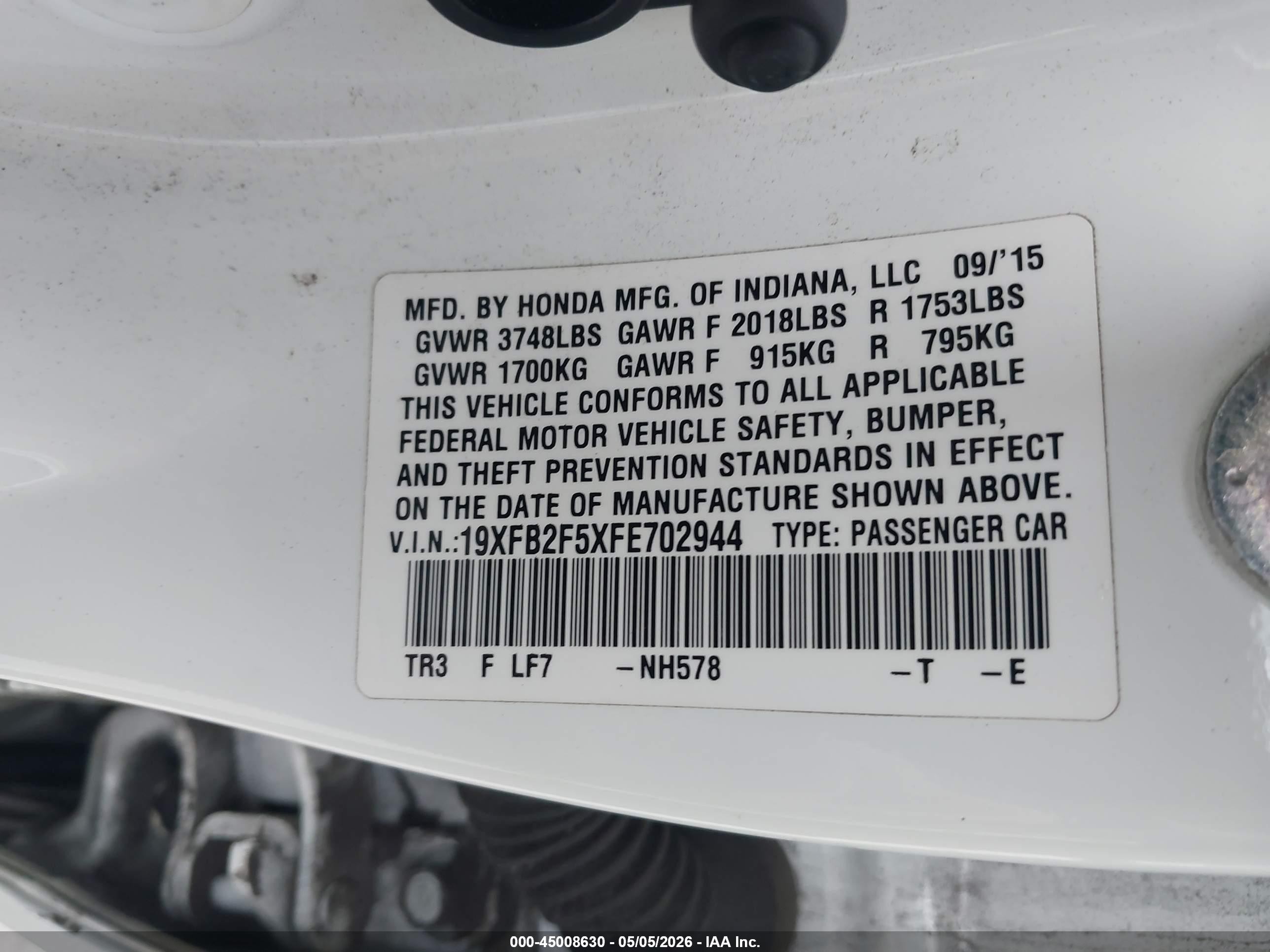 2015 Honda Civic Lx White vin: 19XFB2F5XFE702944