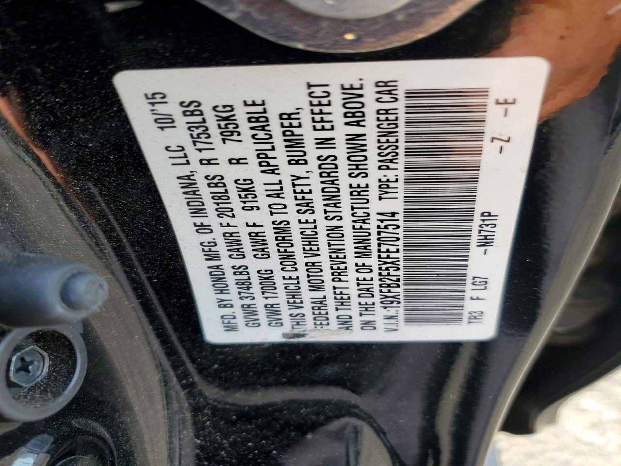 2015 Honda Civic Lx Black vin: 19XFB2F5XFE707514