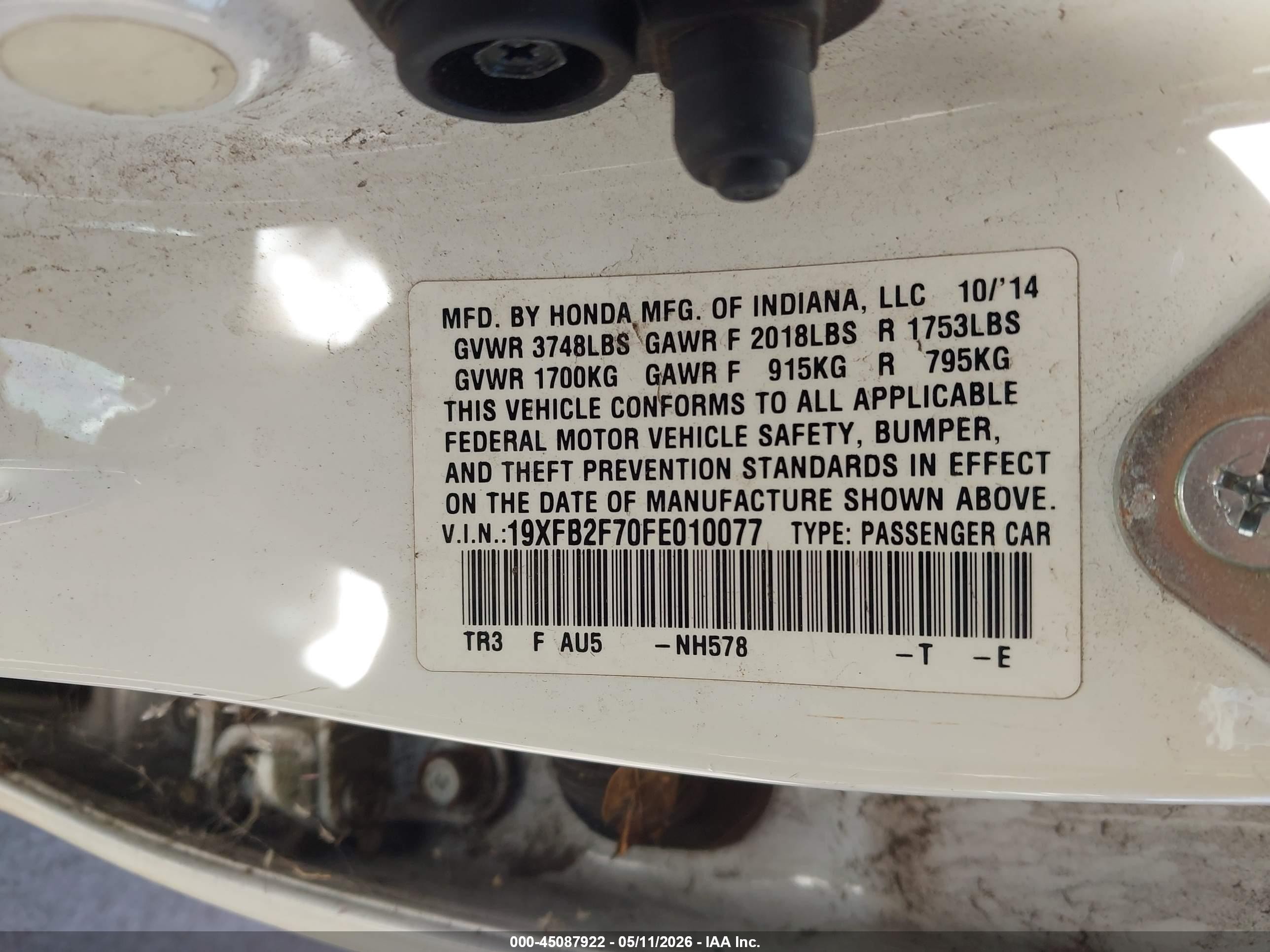 2015 Honda Civic Se White vin: 19XFB2F70FE010077