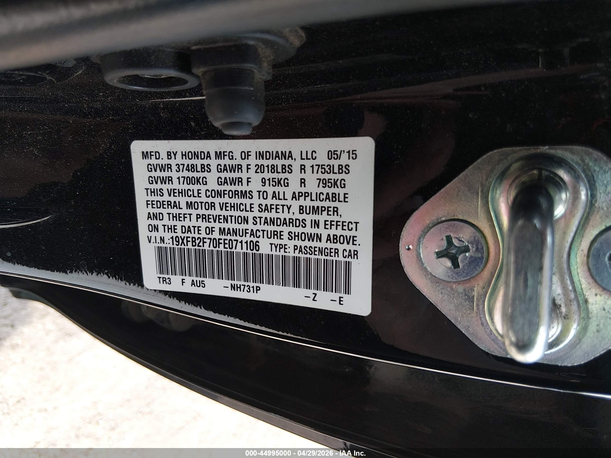 2015 Honda Civic Se Black vin: 19XFB2F70FE071106