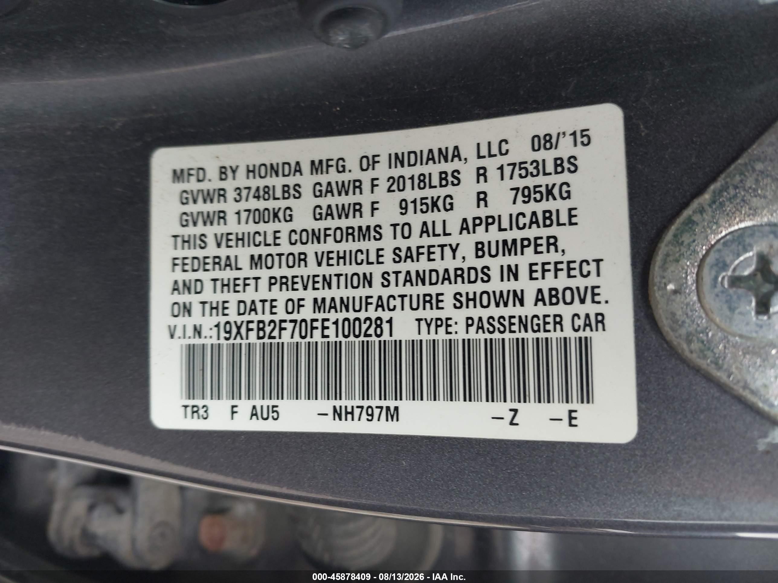 2015 Honda Civic Se Gray vin: 19XFB2F70FE100281
