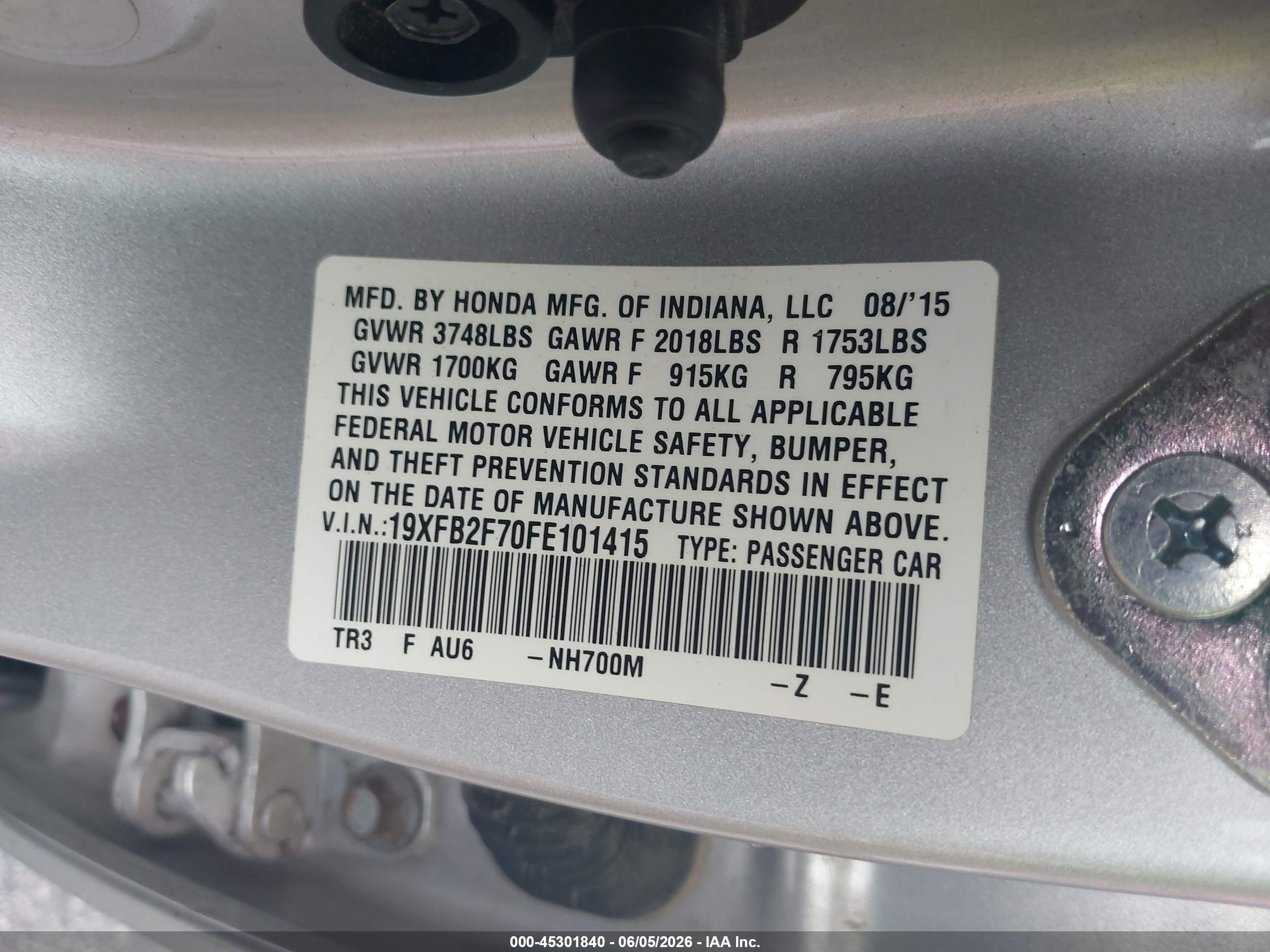 2015 Honda Civic Se Silver vin: 19XFB2F70FE101415