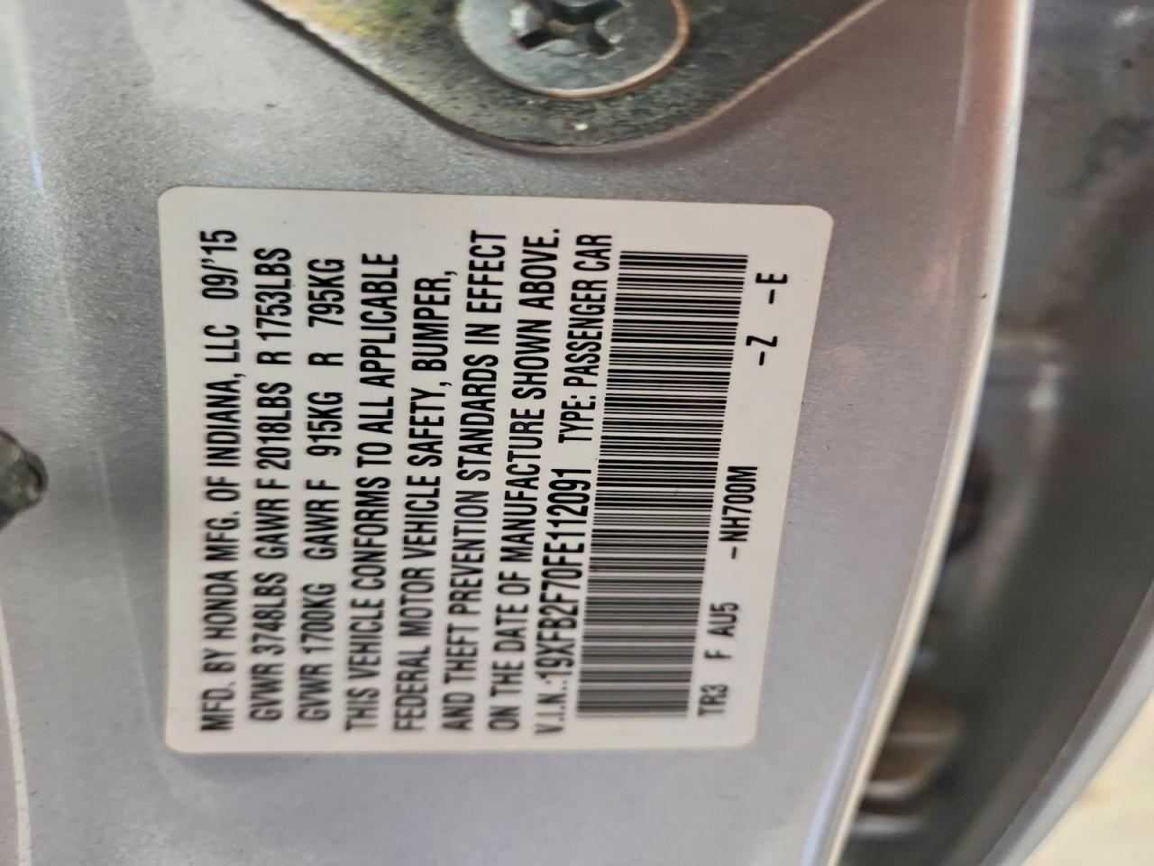 2015 Honda Civic Se Silver vin: 19XFB2F70FE112091