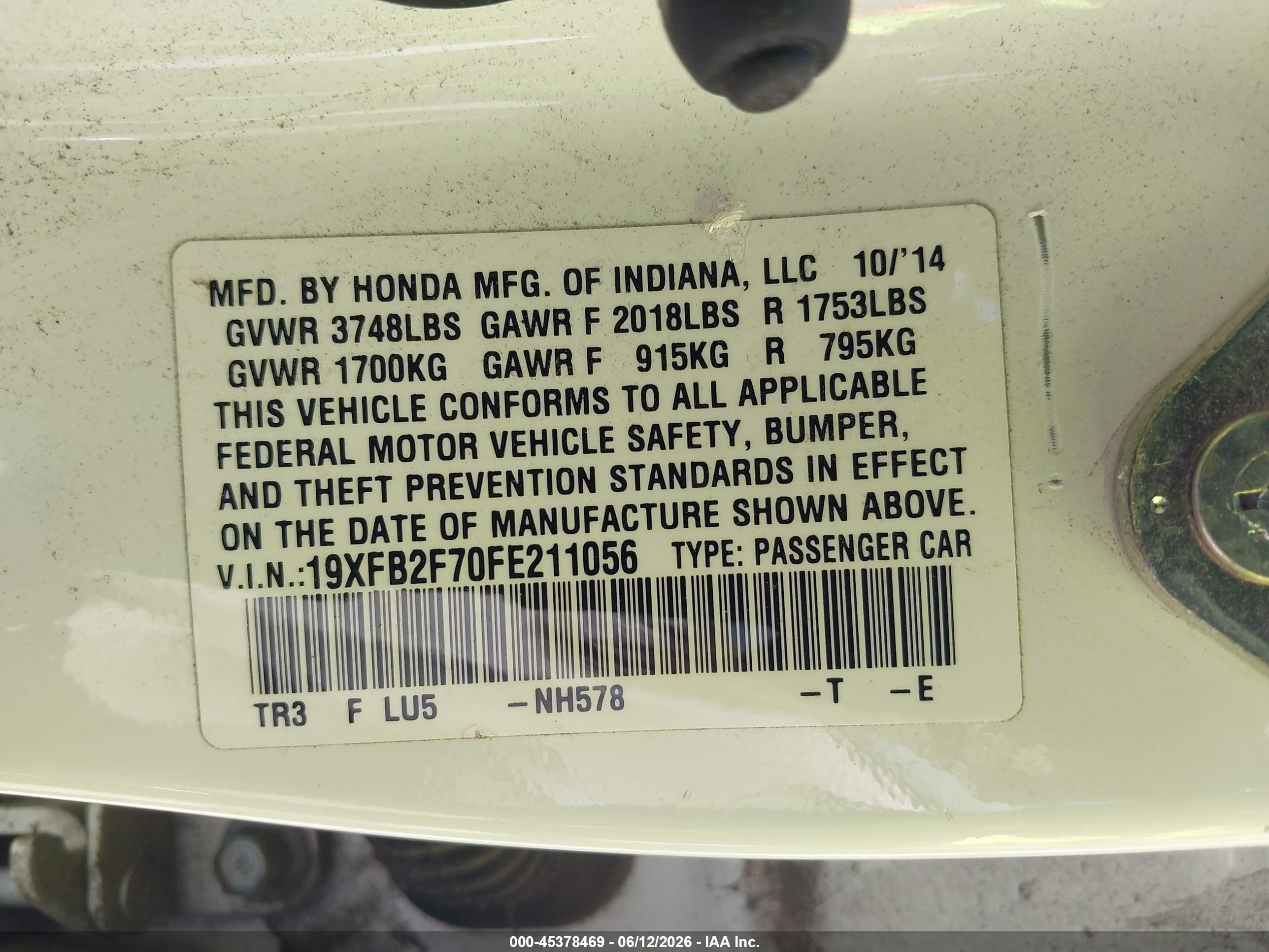 2015 Honda Civic Se White vin: 19XFB2F70FE211056