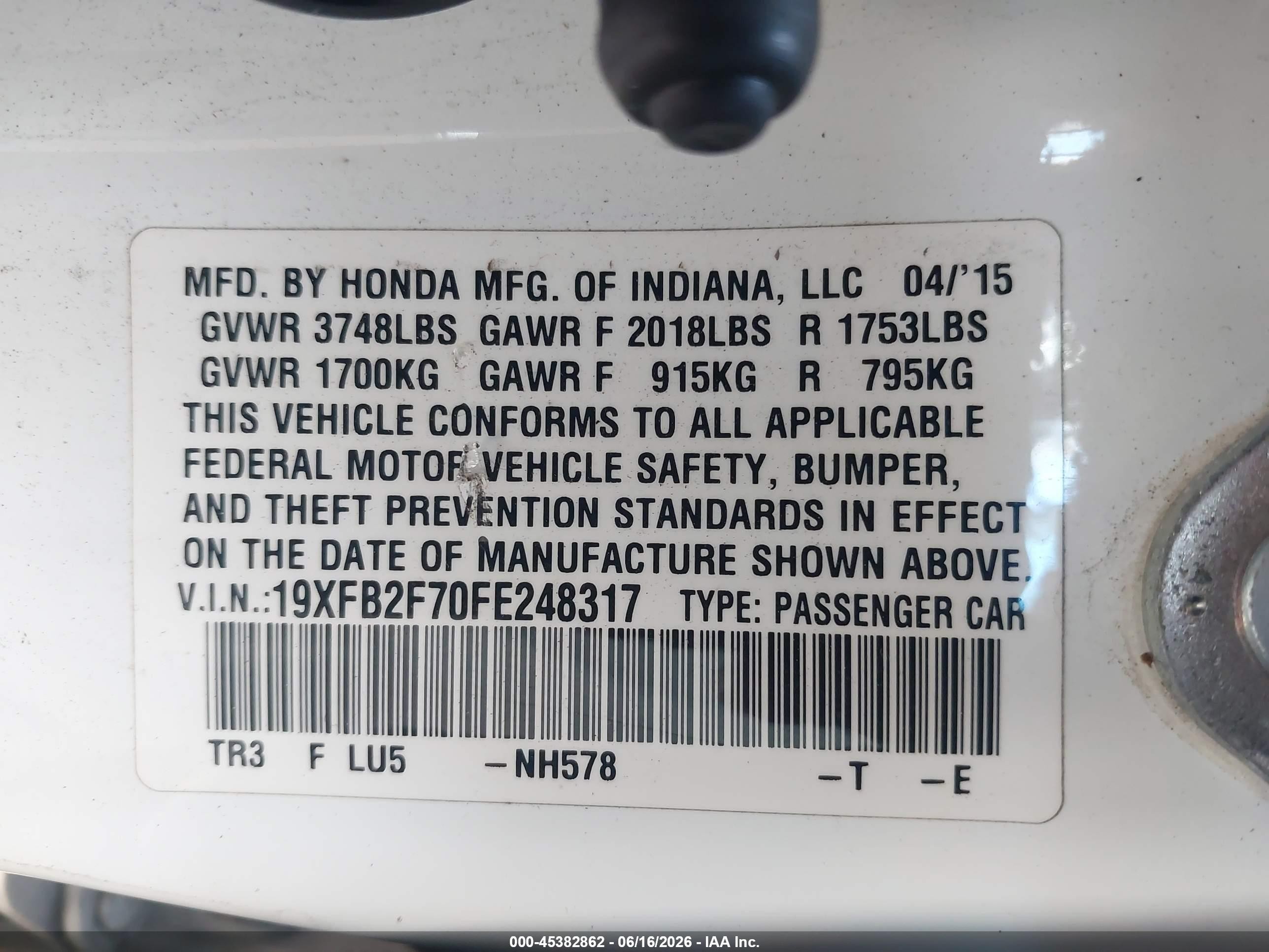 2015 Honda Civic Se White vin: 19XFB2F70FE248317
