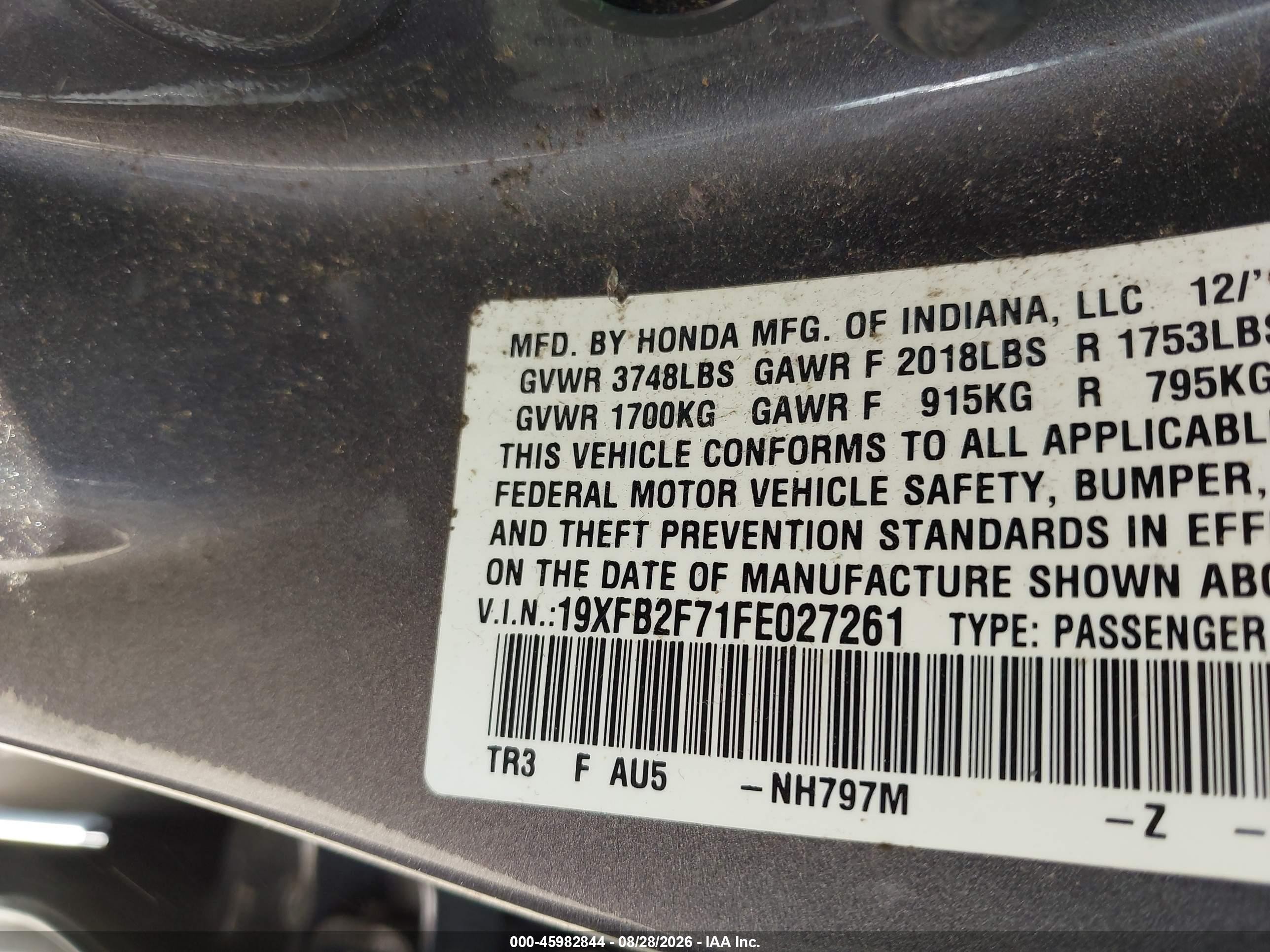 2015 Honda Civic Se Gray vin: 19XFB2F71FE027261