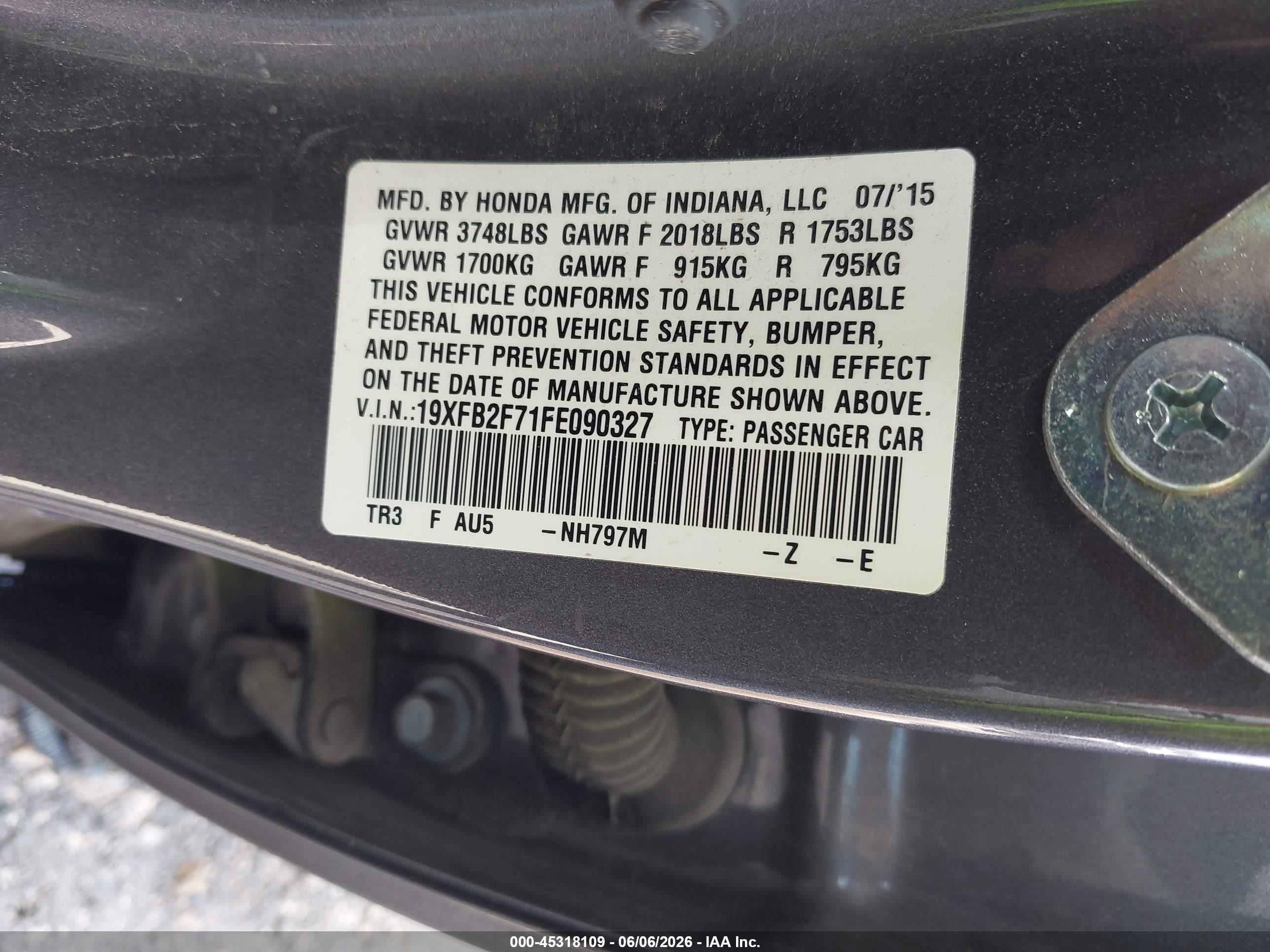 2015 Honda Civic Se Gray vin: 19XFB2F71FE090327