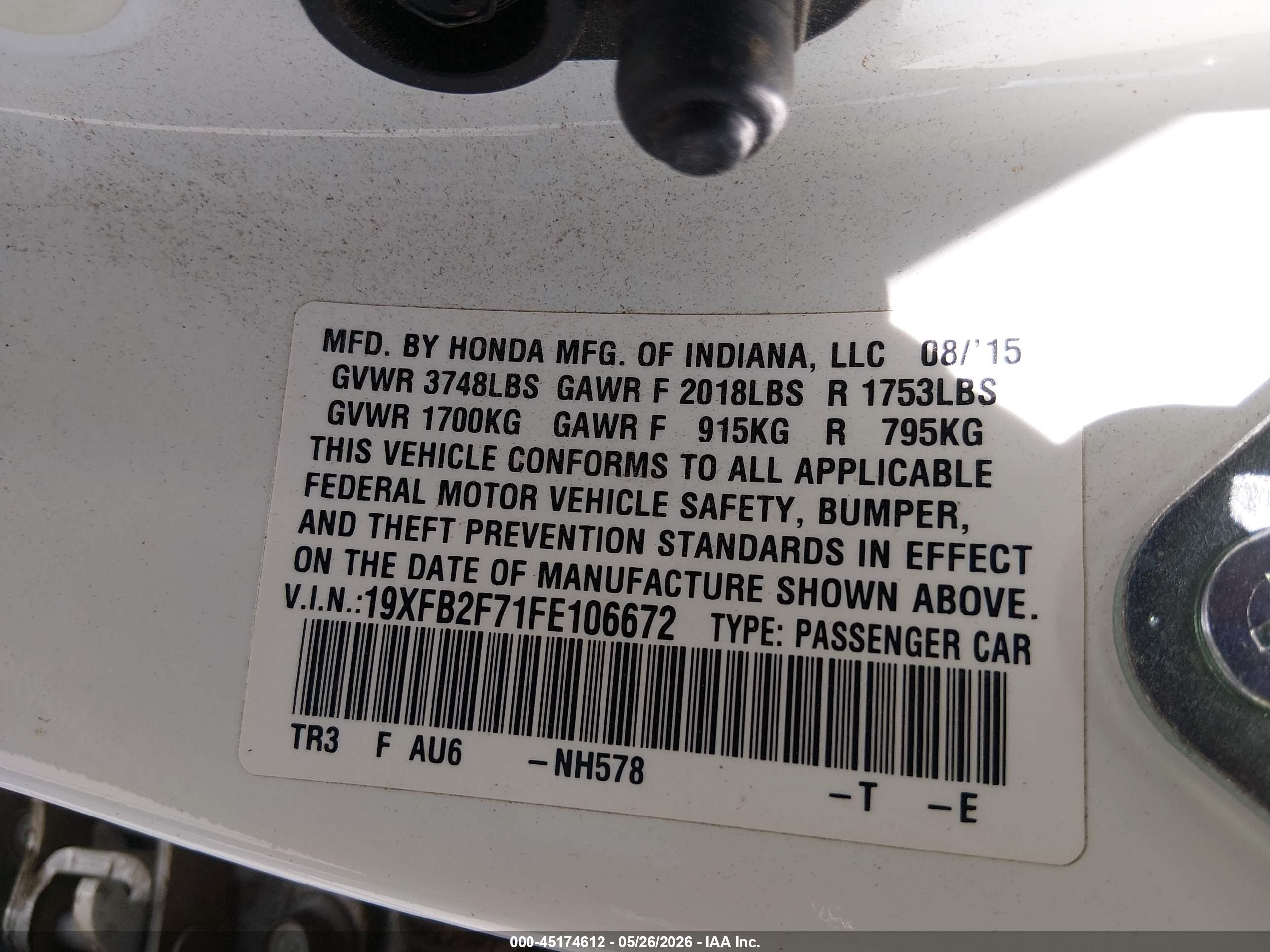 2015 Honda Civic Se White vin: 19XFB2F71FE106672