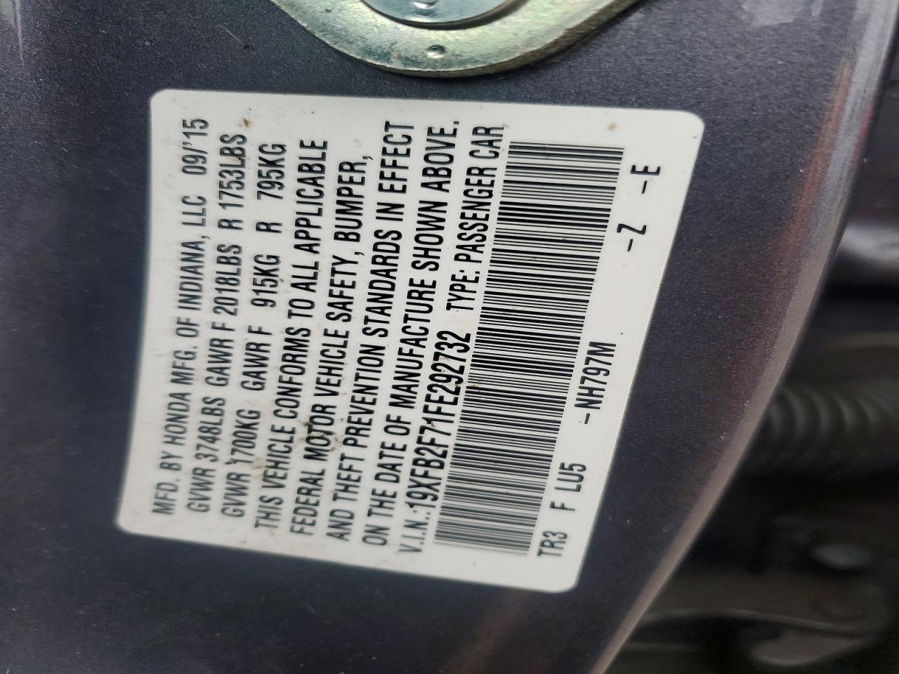 2015 Honda Civic Se Gray vin: 19XFB2F71FE292732