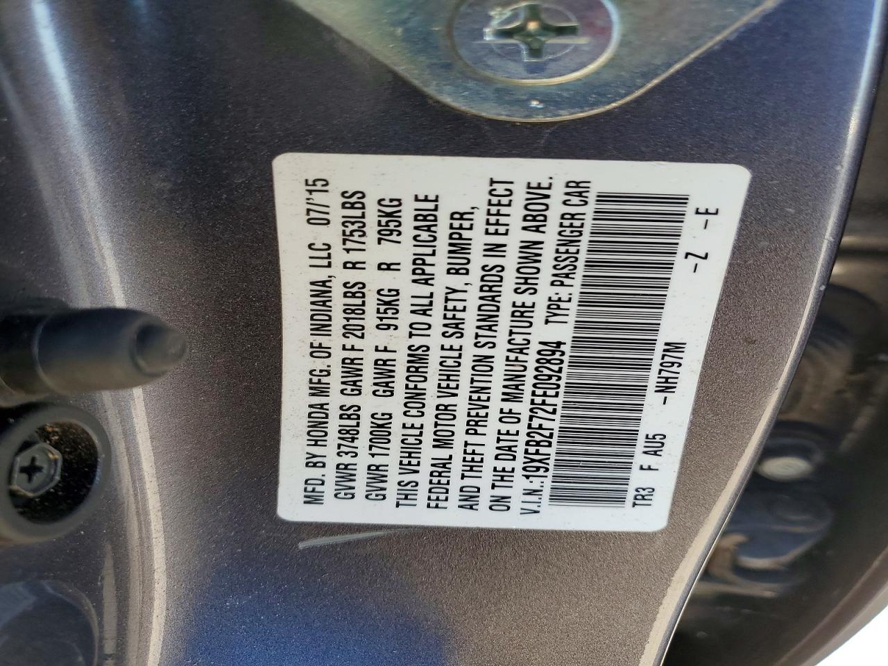 2015 Honda Civic Se Gray vin: 19XFB2F72FE092894