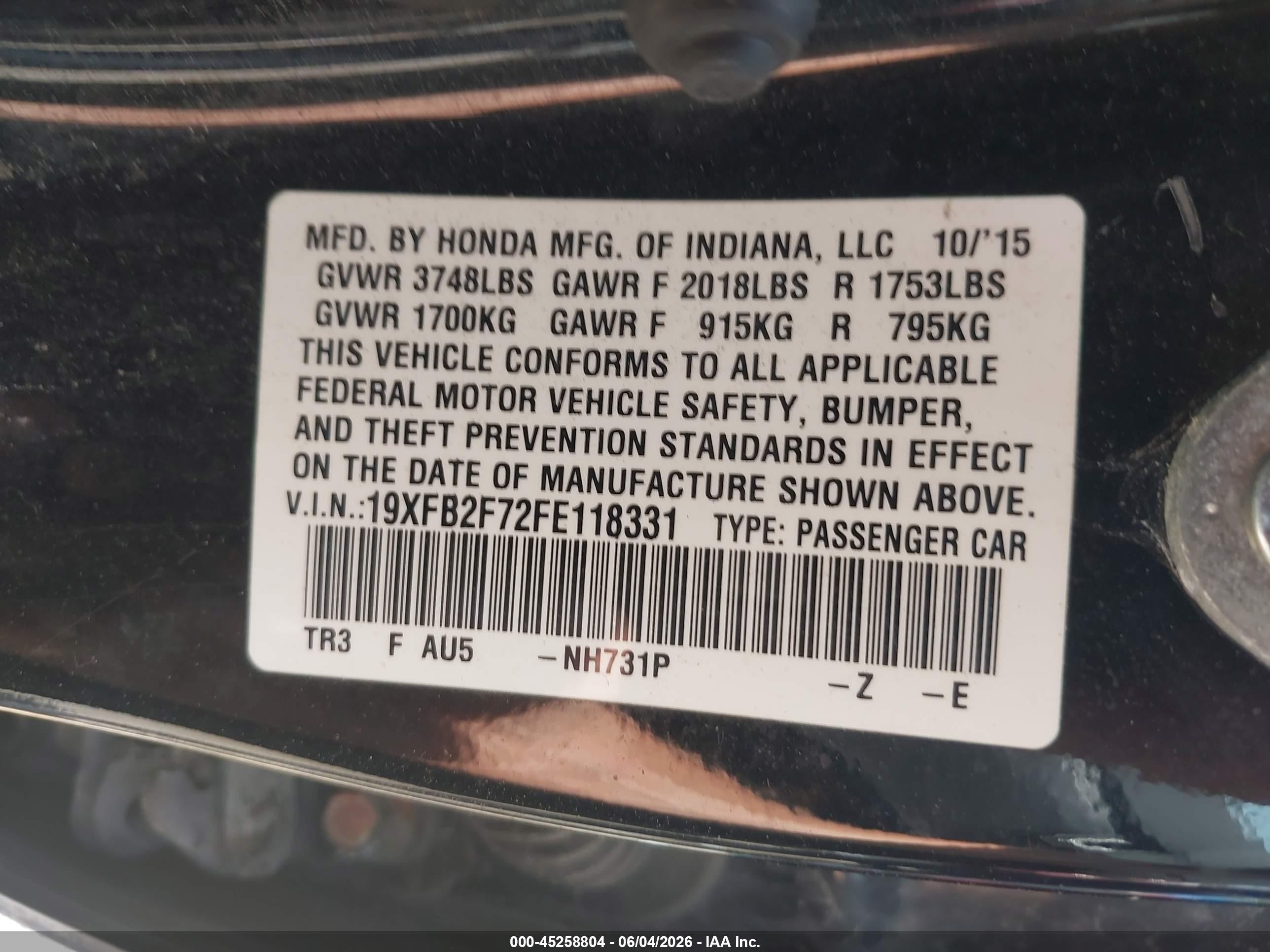 2015 Honda Civic Se Черный vin: 19XFB2F72FE118331