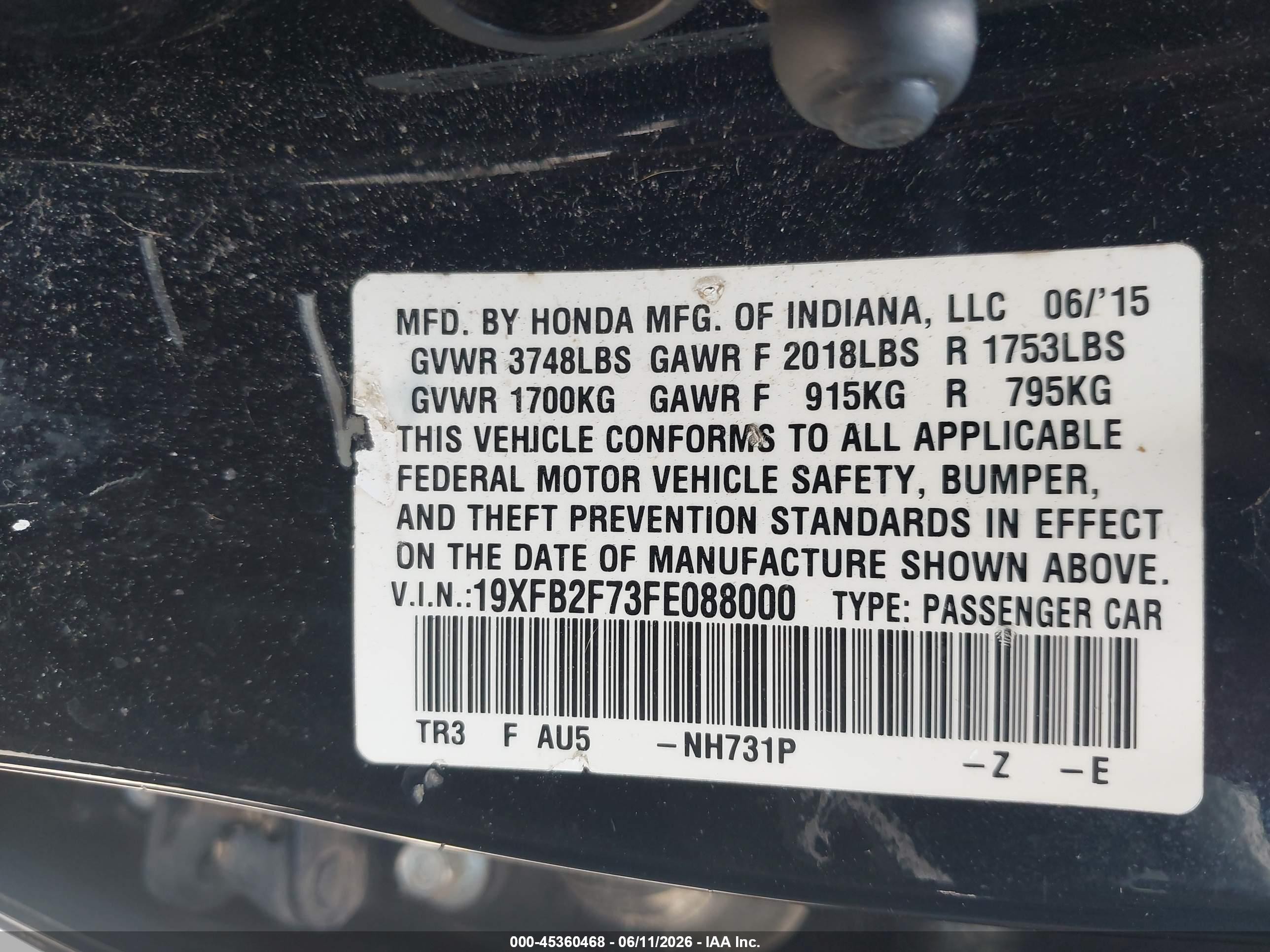 2015 Honda Civic Se Black vin: 19XFB2F73FE088000
