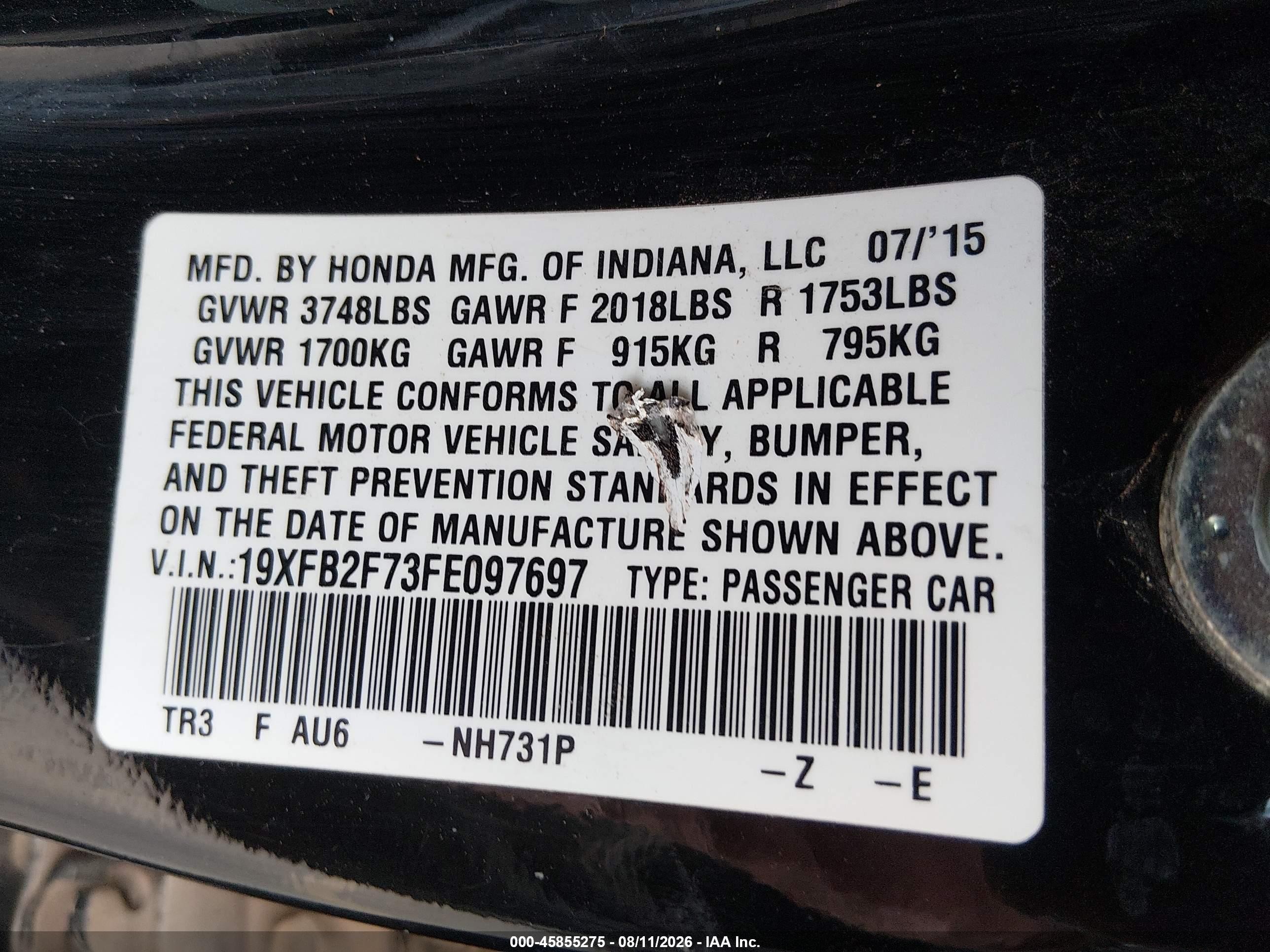 2015 Honda Civic Se Black vin: 19XFB2F73FE097697