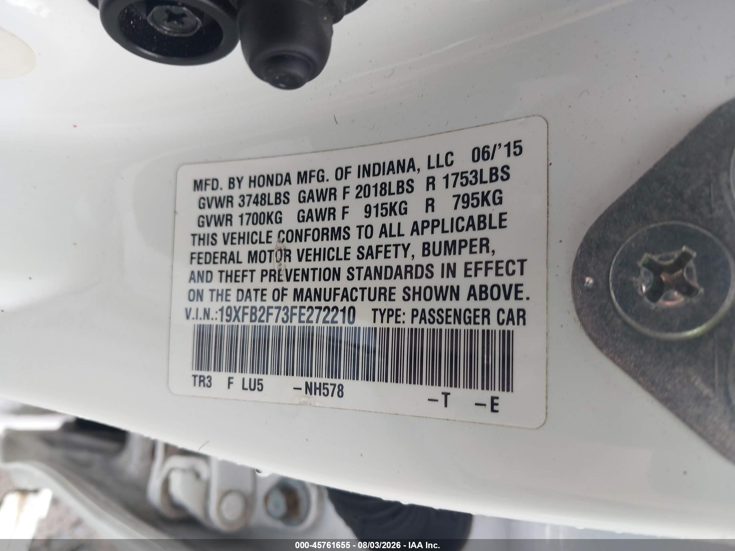 2015 Honda Civic Se White vin: 19XFB2F73FE272210