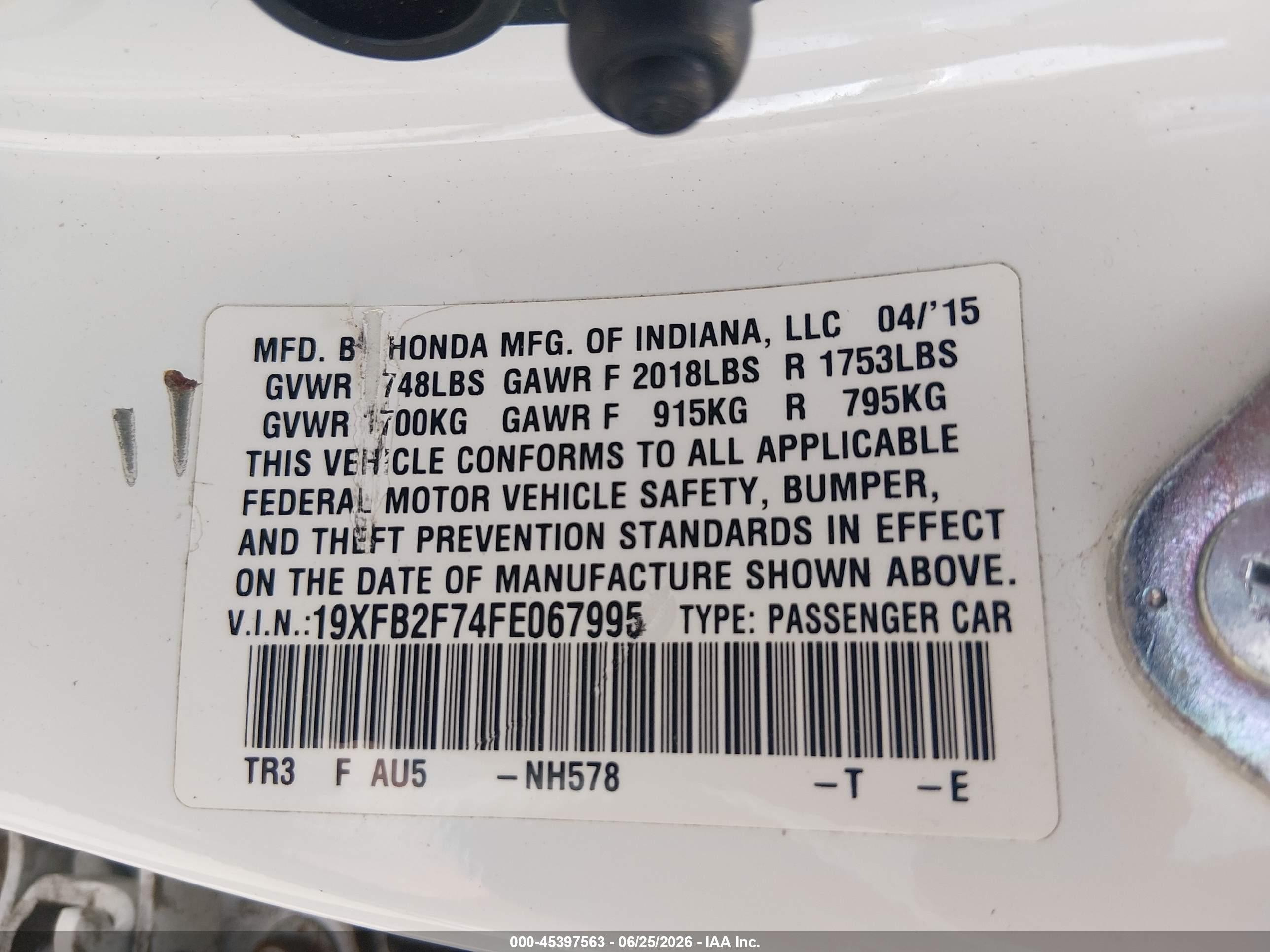 2015 Honda Civic Se White vin: 19XFB2F74FE067995
