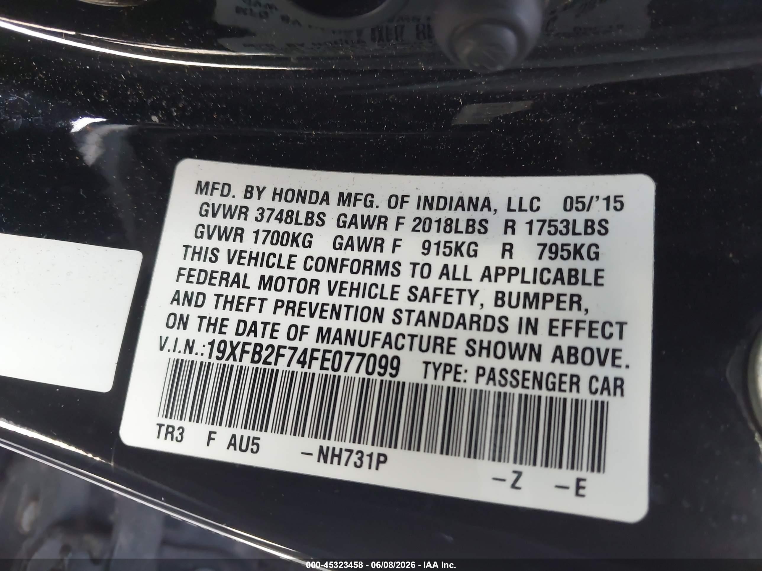 2015 Honda Civic Se Black vin: 19XFB2F74FE077099