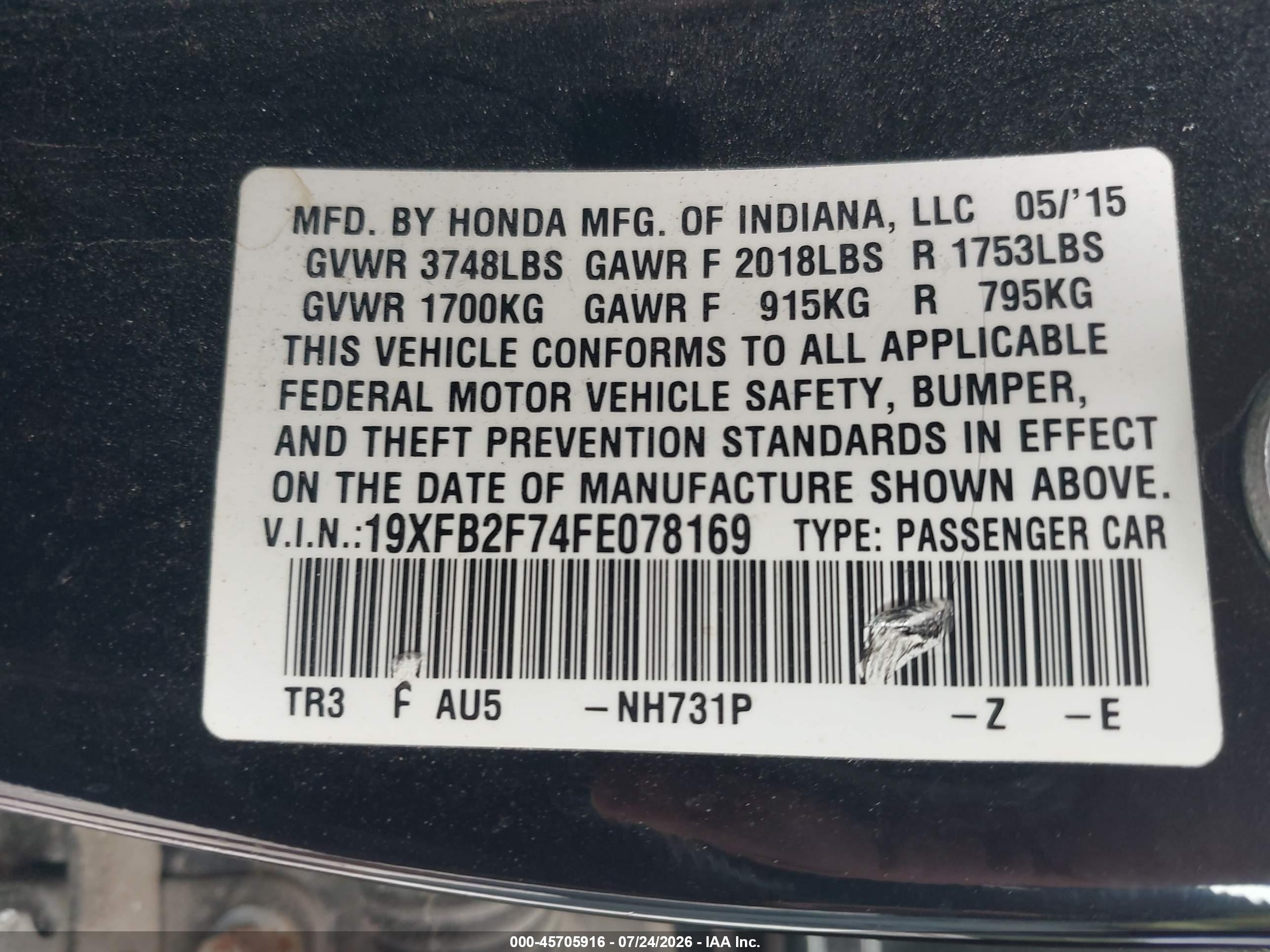 2015 Honda Civic Se Black vin: 19XFB2F74FE078169