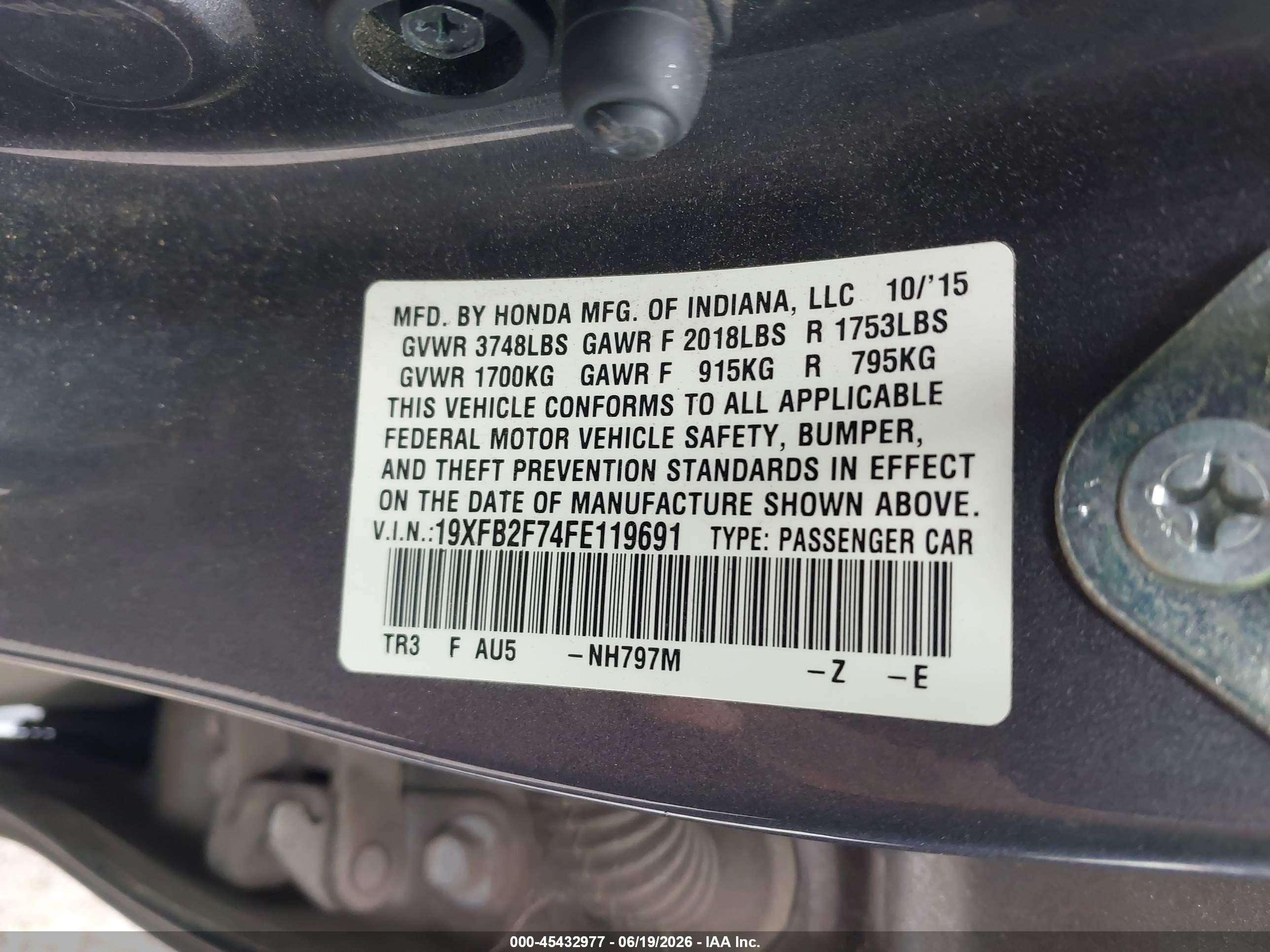 2015 Honda Civic Se Gray vin: 19XFB2F74FE119691